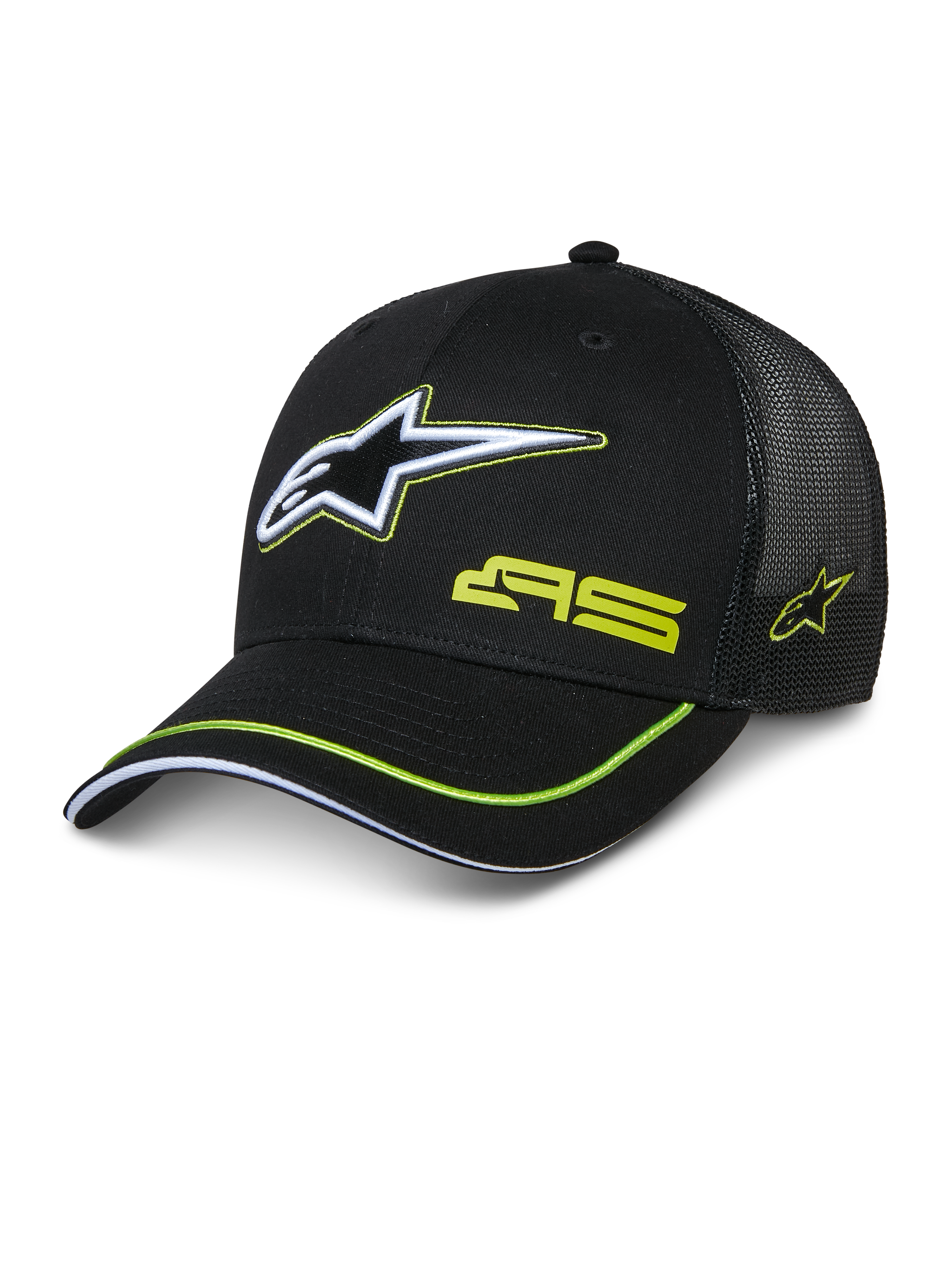 Alpinestars Exceed Trucker Hat, gorra trucker negra con frontal estructurado y parte trasera de malla, con un gran logotipo Astars bordado en blanco y verde lima, marca AS en la corona, visera curva con ribete verde lima, accesorio casual de motorsport
