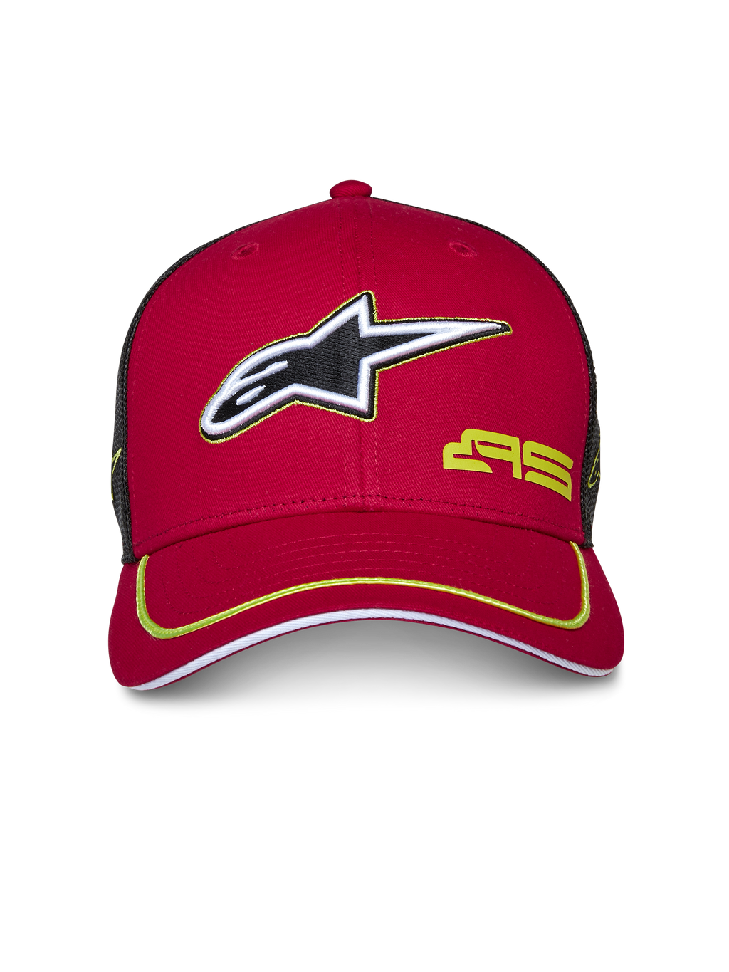 Gorra Trucker Alpinestars Exceed, roja y negra, visera curvada con ribete verde lima, logo Alpinestars bordado en 3D, parte trasera de malla negra, corona estructurada, accesorio casual de estilo motorsport