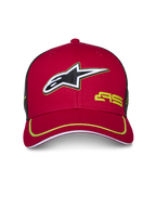 Gorra Trucker Alpinestars Exceed, roja y negra, visera curvada con ribete verde lima, logo Alpinestars bordado en 3D, parte trasera de malla negra, corona estructurada, accesorio casual de estilo motorsport