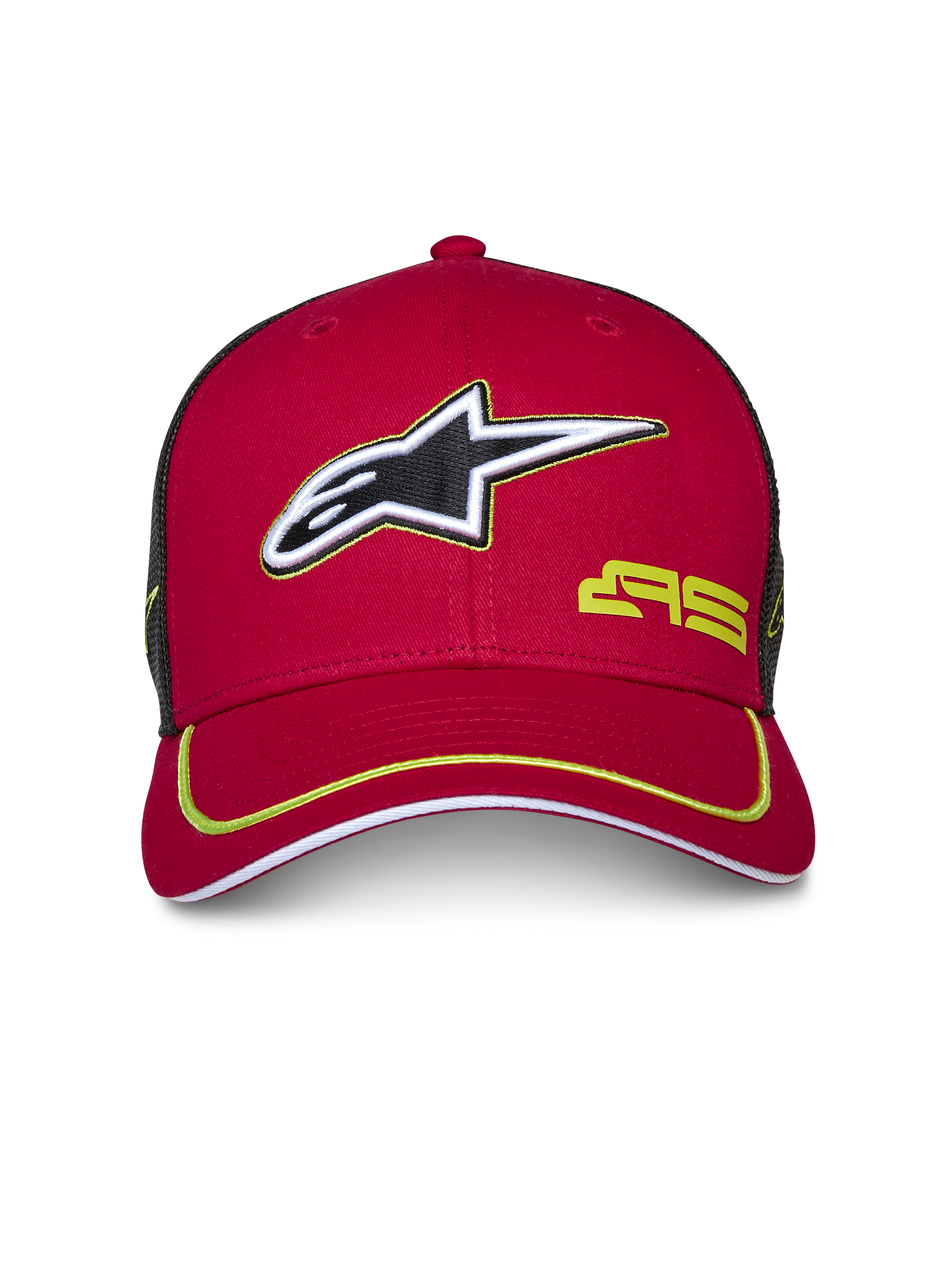 Gorra Trucker Alpinestars Exceed, roja y negra, visera curvada con ribete verde lima, logo Alpinestars bordado en 3D, parte trasera de malla negra, corona estructurada, accesorio casual de estilo motorsport