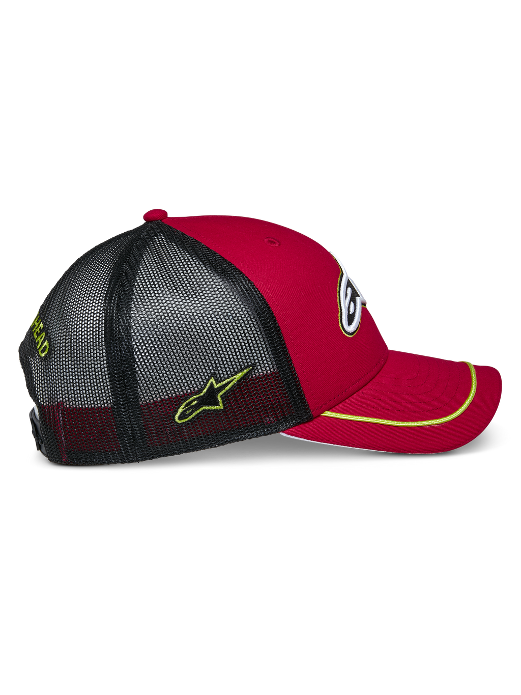 Gorra Trucker Alpinestars Exceed, roja y negra con detalles en amarillo neón, con visera curvada y ribete de sutache amarillo neón, copa estructurada roja y parte trasera de malla negra con logotipo lateral bordado, estilo motorsport casual
