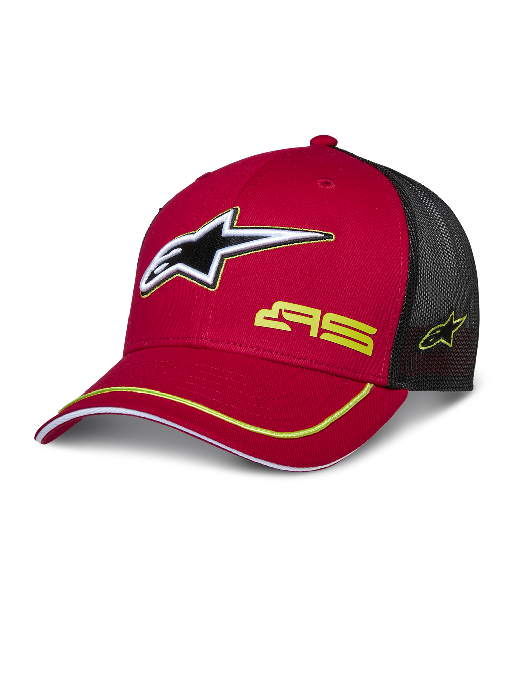 Gorra Trucker Alpinestars Exceed, roja y negra, gorra de béisbol con parte trasera de malla, logotipo de estrella en 3D, marca AS en amarillo y ribete decorativo amarillo en la visera curva