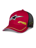Gorra Trucker Alpinestars Exceed, roja y negra, gorra de béisbol con parte trasera de malla, logotipo de estrella en 3D, marca AS en amarillo y ribete decorativo amarillo en la visera curva