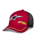 Gorra Trucker Alpinestars Exceed, roja y negra, gorra de béisbol con parte trasera de malla, logotipo de estrella en 3D, marca AS en amarillo y ribete decorativo amarillo en la visera curva