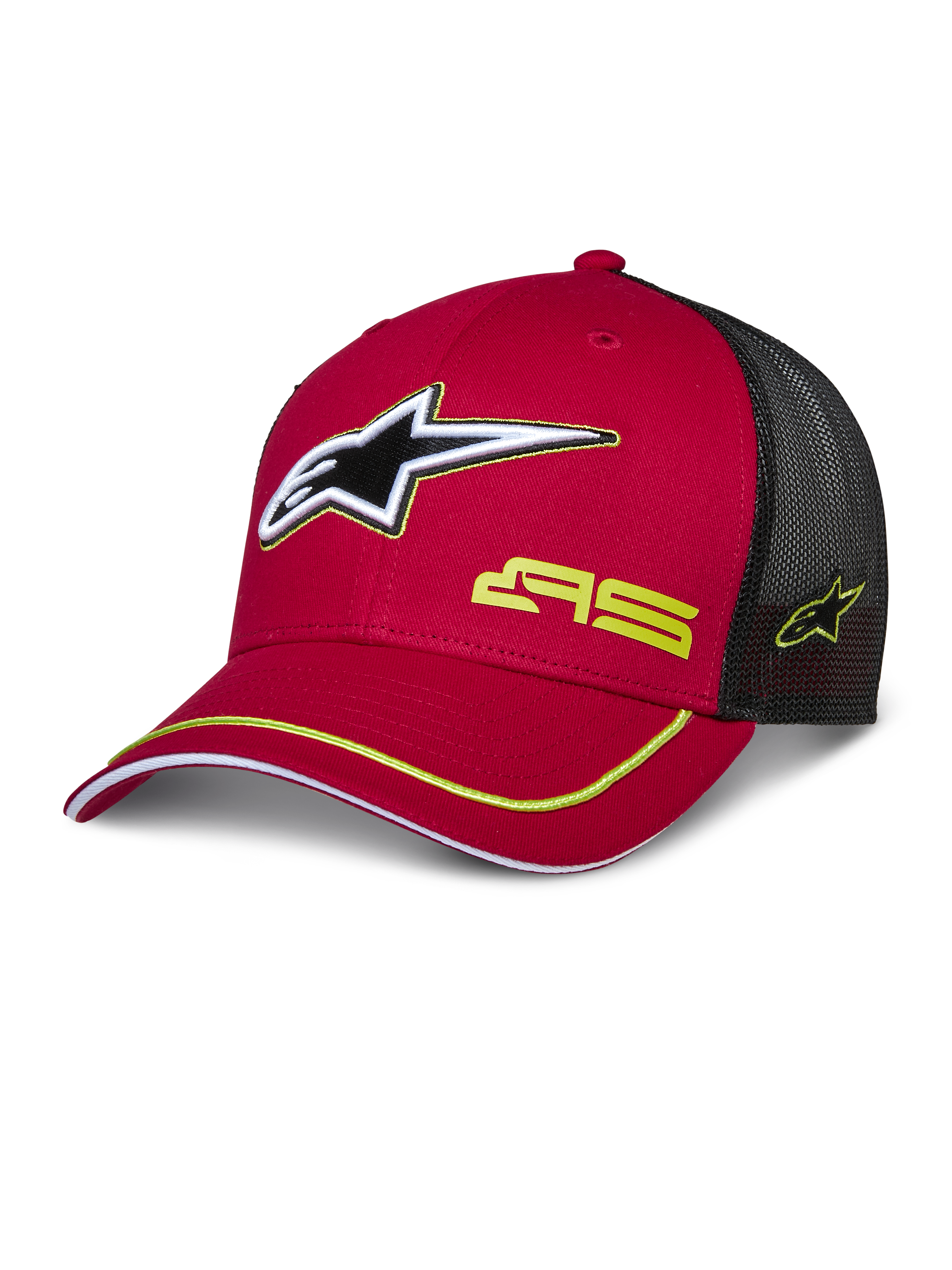 Gorra Trucker Alpinestars Exceed, roja y negra, gorra de béisbol con parte trasera de malla, logotipo de estrella en 3D, marca AS en amarillo y ribete decorativo amarillo en la visera curva