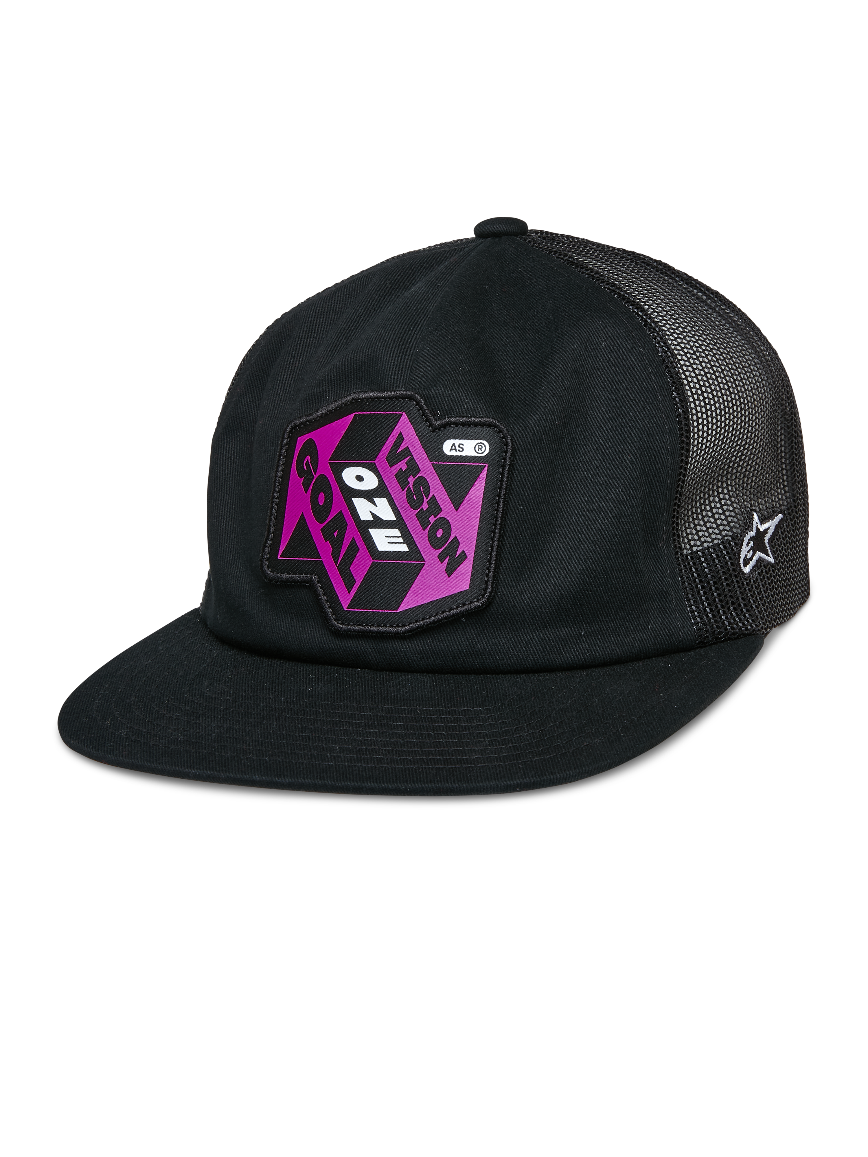 Gorra Trucker Alpinestars That Way, gorra snapback negra con panel de malla trasera, visera plana, parche rosa y morado 'Vision One Goal', logotipo de estrella blanca de Alpinestars, ropa deportiva casual
