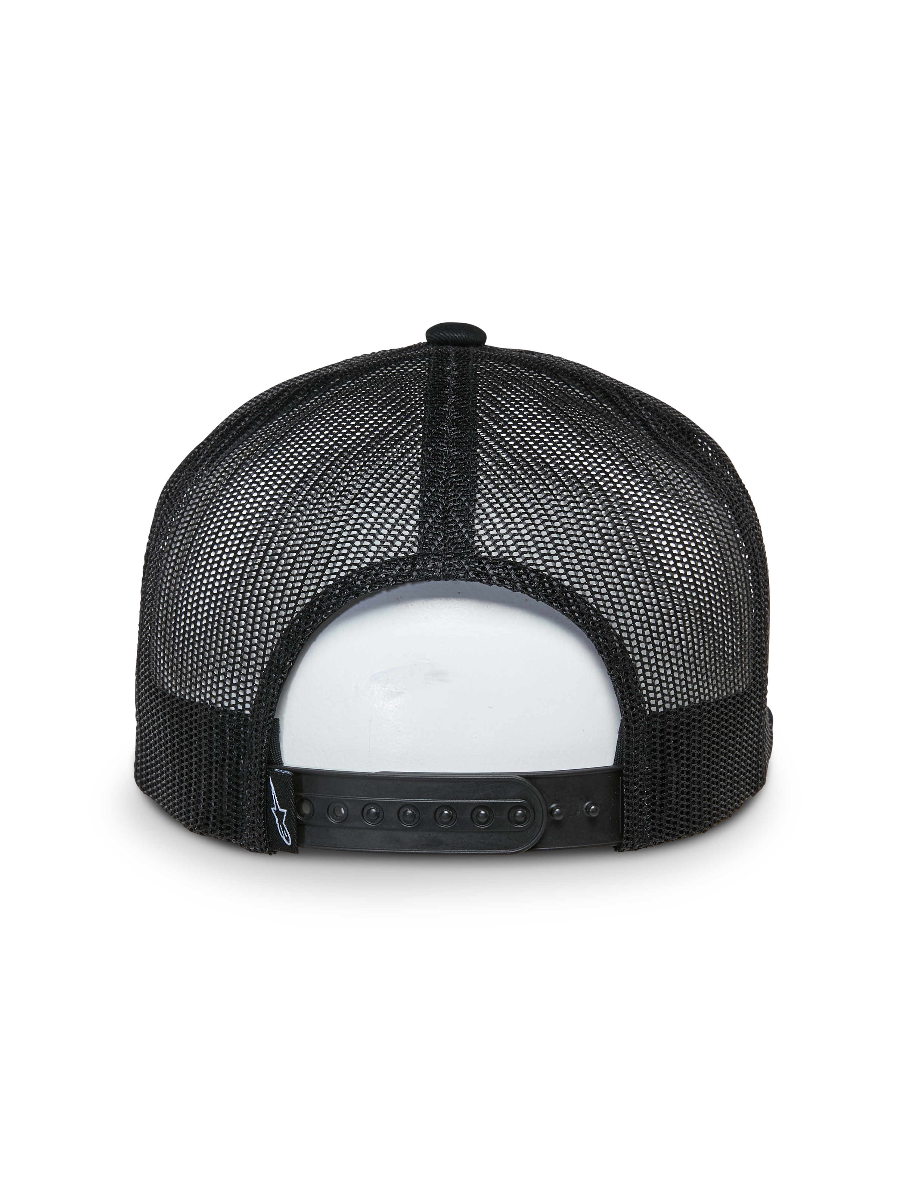 Gorra Trucker That Way de Alpinestars, vista trasera, negra, paneles de malla traseros con cierre snapback ajustable, pequeña etiqueta con logo tejido, accesorio para la cabeza casual inspirado en el motorsport