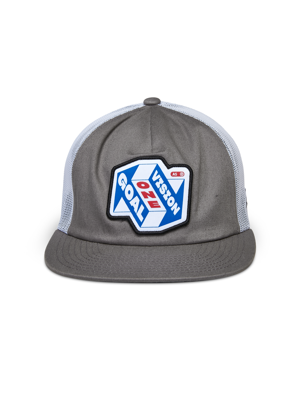 Gorra Trucker Alpinestars That Way, gris y blanca, corona estructurada con visera plana y parte trasera de malla blanca, con un parche frontal grande con el gráfico 'One Goal One Vision', estilo casual streetwear de automovilismo