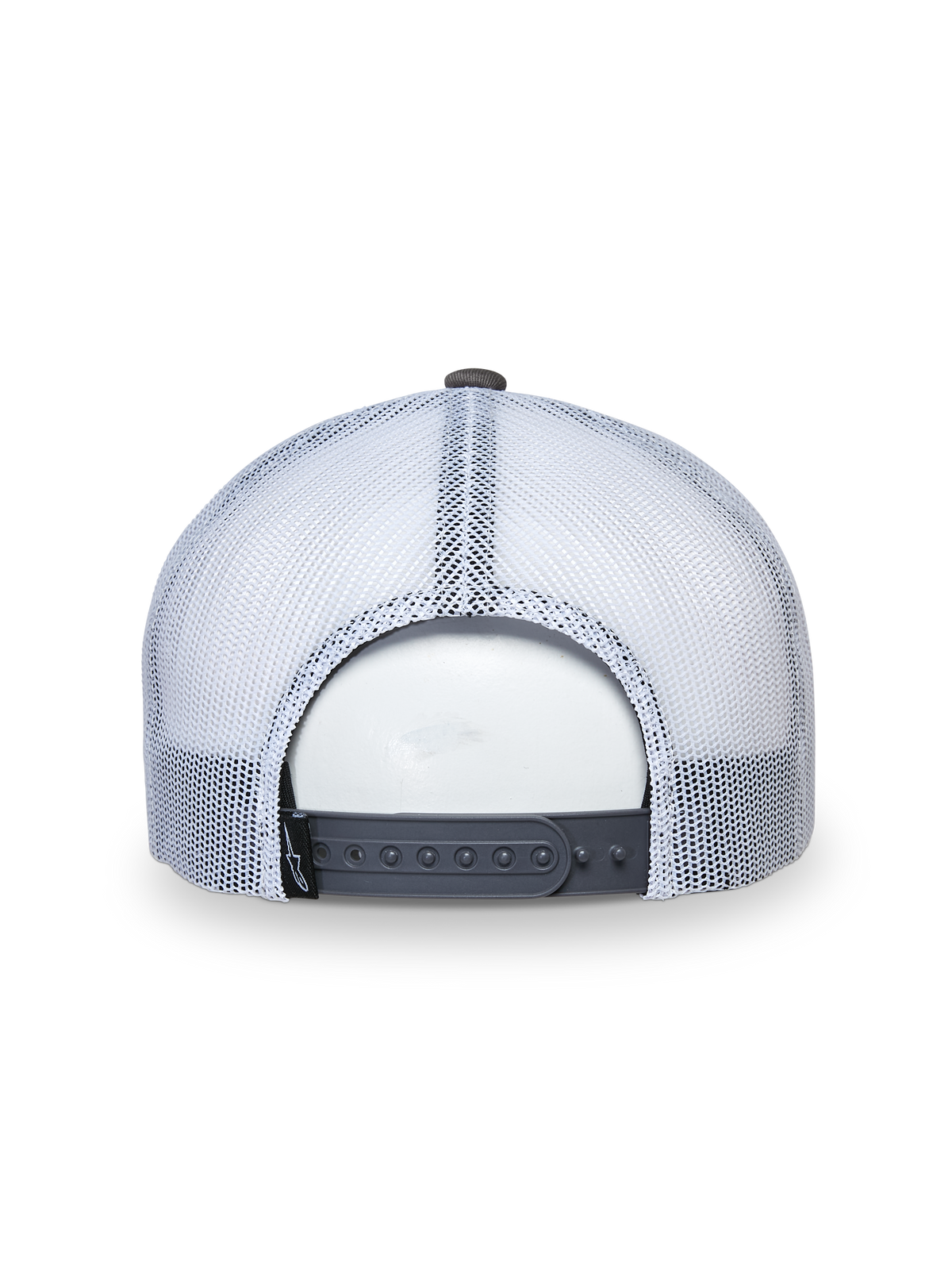Alpinestars That Way Trucker Hat, gorra trucker gris y blanca, vista trasera que muestra paneles de malla blanca y cierre snapback gris ajustable, accesorio de ropa deportiva casual