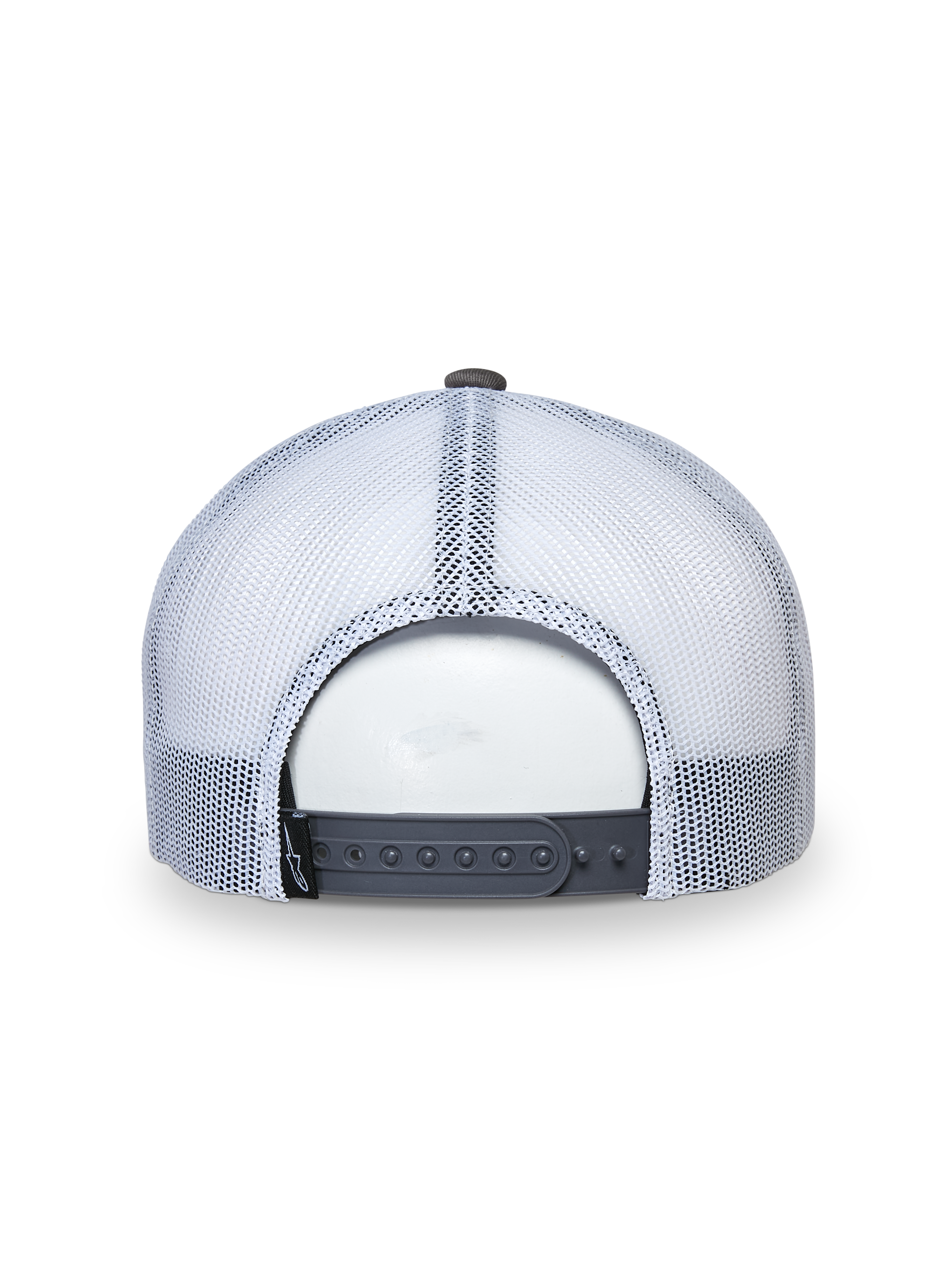 Alpinestars That Way Trucker Hat, gorra trucker gris y blanca, vista trasera que muestra paneles de malla blanca y cierre snapback gris ajustable, accesorio de ropa deportiva casual