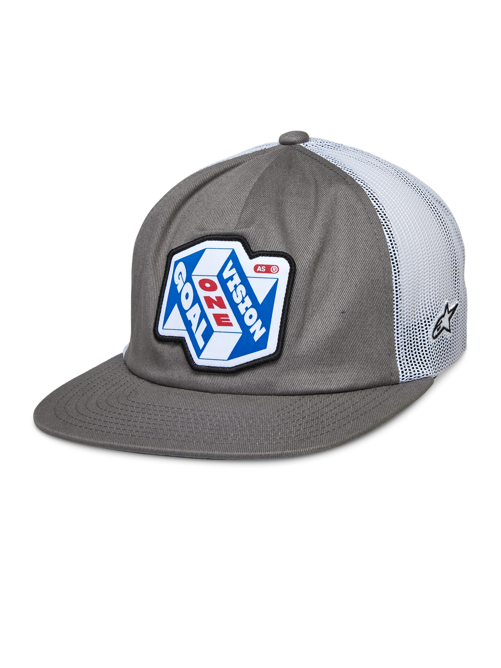 Alpinestars That Way Trucker Hat, gorra snapback gris y blanca con parte trasera de malla, parche gráfico azul y blanco con 'ONE GOAL VISION' en rojo y blanco, visera plana, pequeño logo de estrella en la malla, estilo motorsport casual