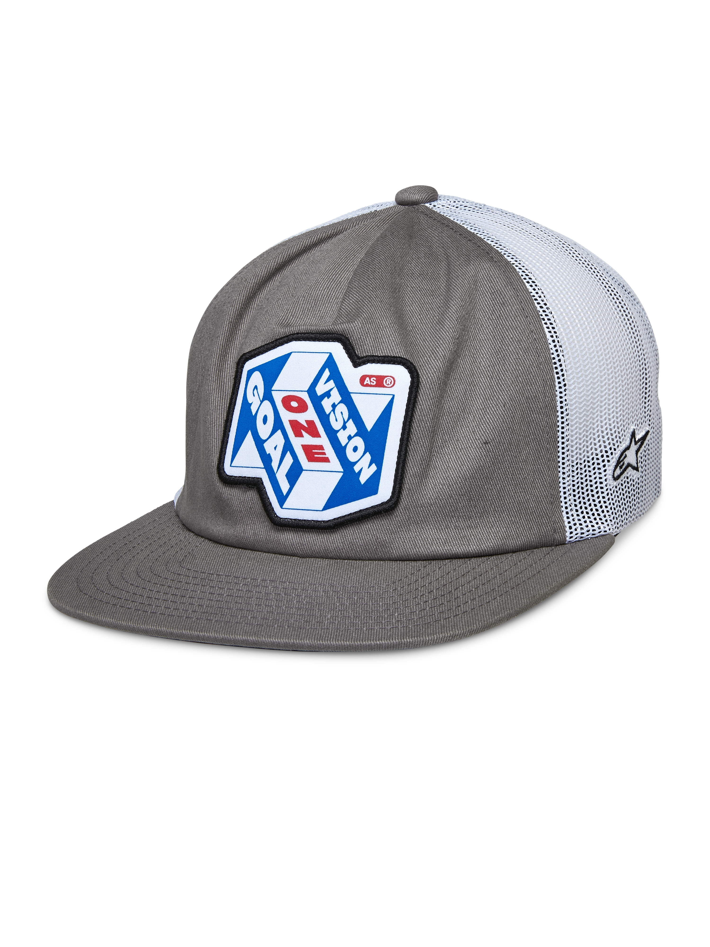 Alpinestars That Way Trucker Hat, gorra snapback gris y blanca con parte trasera de malla, parche gráfico azul y blanco con 'ONE GOAL VISION' en rojo y blanco, visera plana, pequeño logo de estrella en la malla, estilo motorsport casual