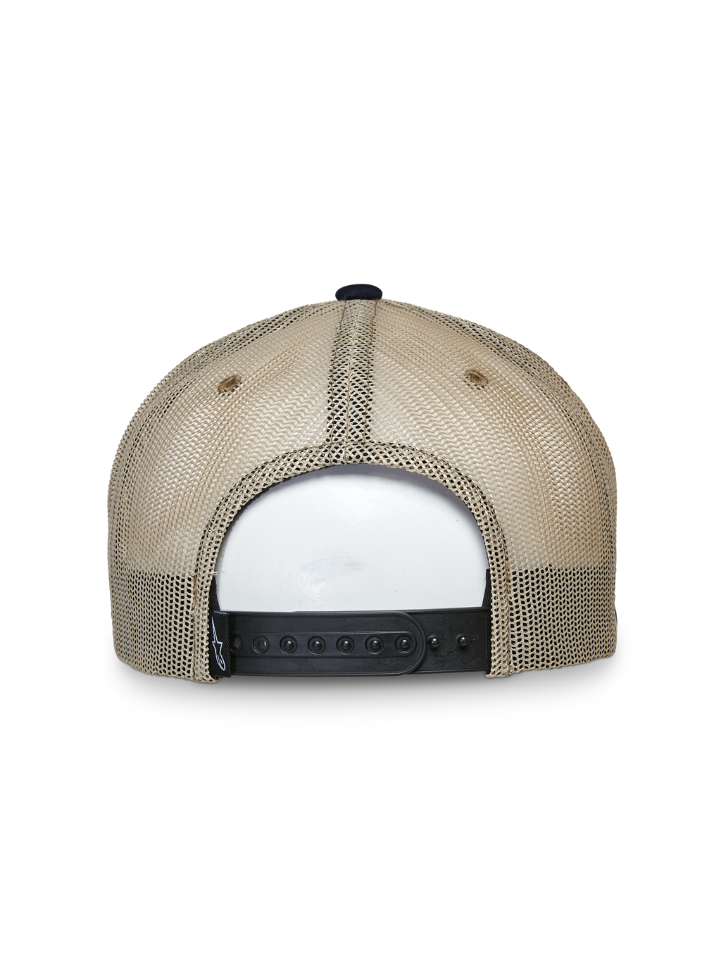 Alpinestars Mackinic Trucker Hat, gorra tipo trucker, azul marino y caqui, vista trasera con paneles de malla color canela y un cierre snapback ajustable negro, accesorio casual