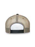 Alpinestars Mackinic Trucker Hat, gorra tipo trucker, azul marino y caqui, vista trasera con paneles de malla color canela y un cierre snapback ajustable negro, accesorio casual