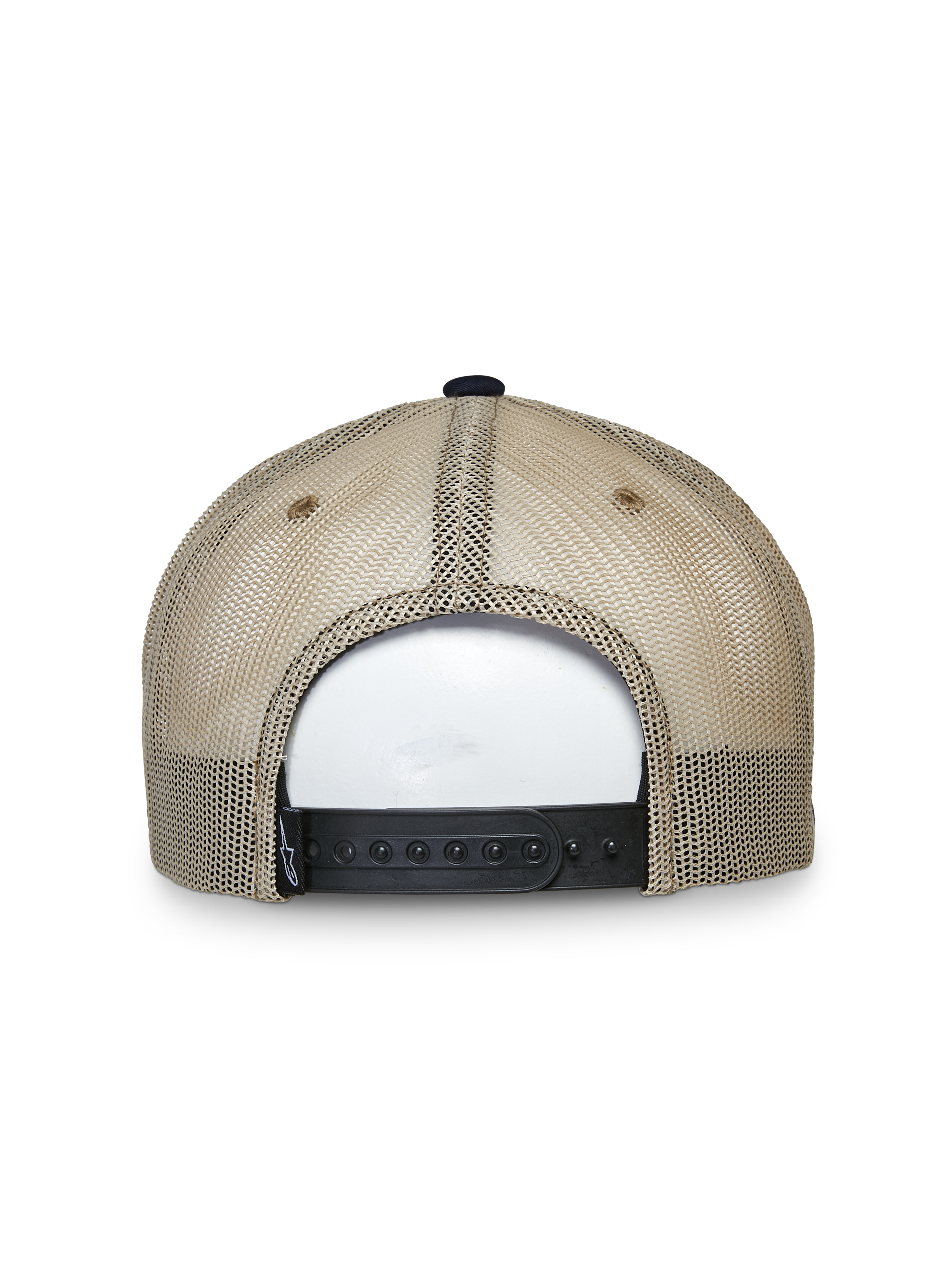 Alpinestars Mackinic Trucker Hat, gorra tipo trucker, azul marino y caqui, vista trasera con paneles de malla color canela y un cierre snapback ajustable negro, accesorio casual