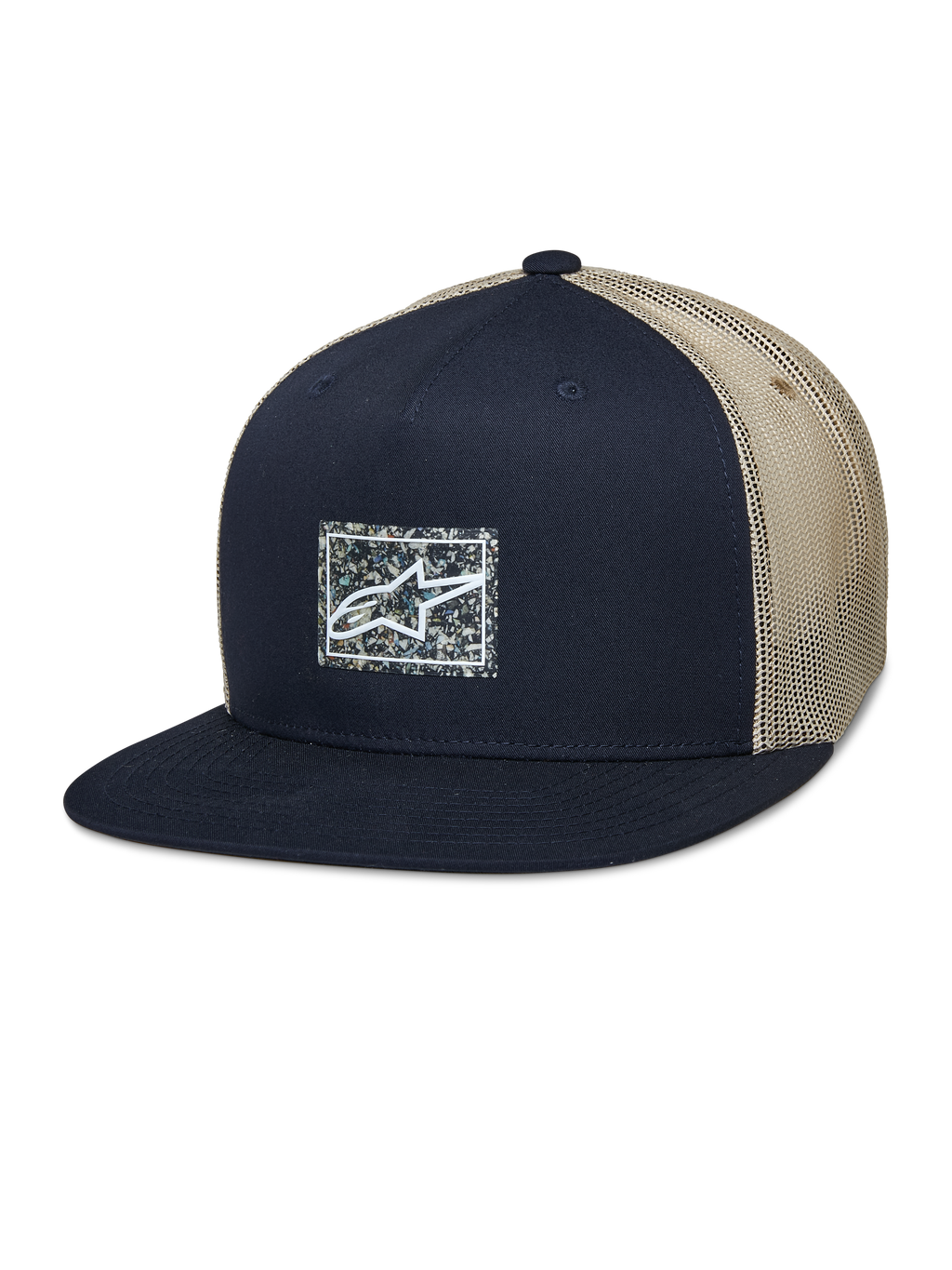 Alpinestars Mackinic Trucker Hat, gorra snapback de visera plana, azul marino y malla caqui, cuenta con un parche de logo frontal cuadrado con un fondo moteado, accesorio casual de estilo de vida