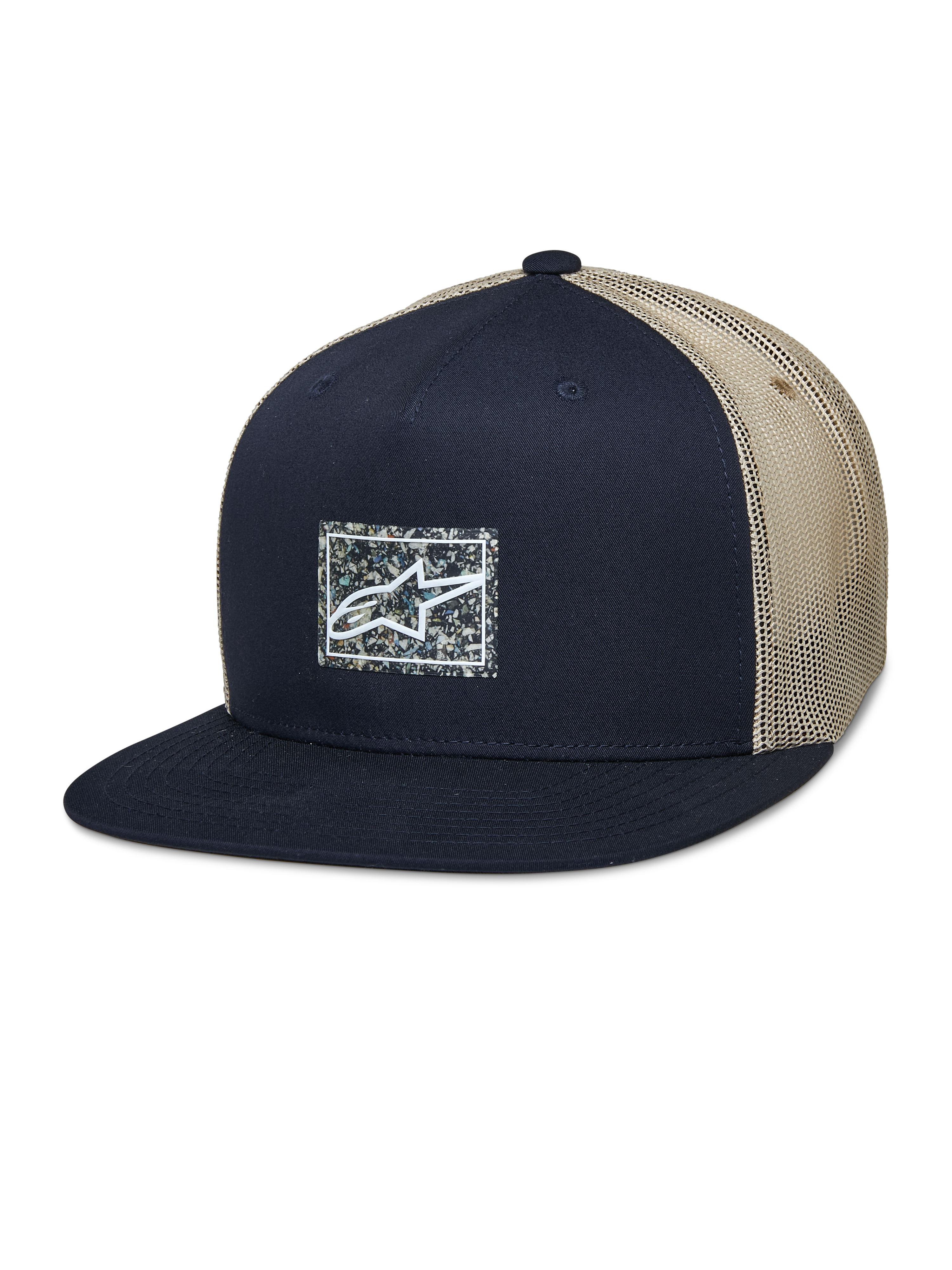 Alpinestars Mackinic Trucker Hat, gorra snapback de visera plana, azul marino y malla caqui, cuenta con un parche de logo frontal cuadrado con un fondo moteado, accesorio casual de estilo de vida