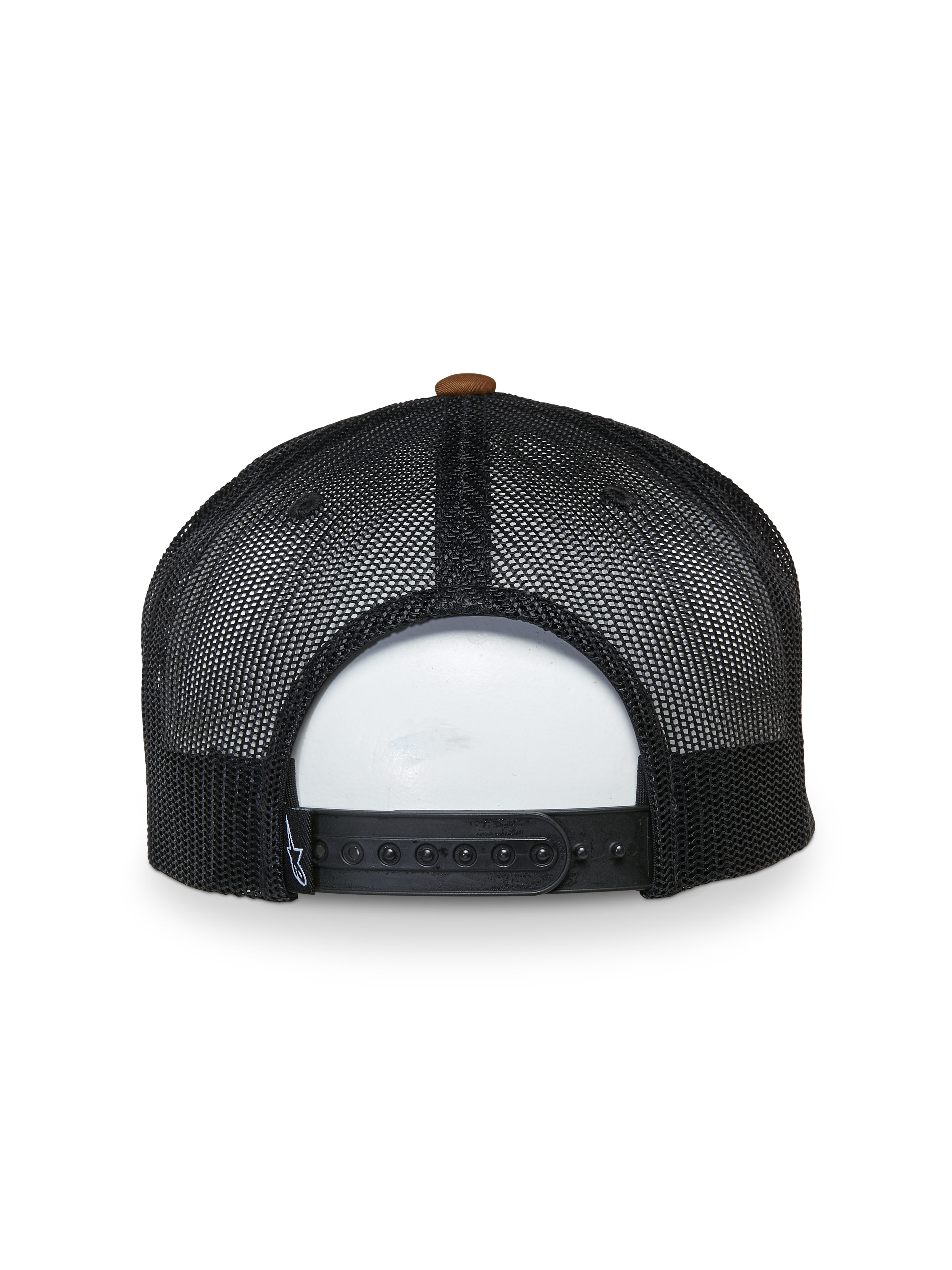 Gorra Trucker Mackinic de Alpinestars, vista trasera, paneles de malla negros con botón superior marrón, cierre snapback ajustable, accesorio de ropa deportiva casual