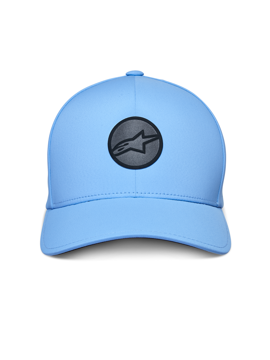 Gorra Alpinestars Apex, gorra deportiva, azul claro, con logotipo reflectante circular negro en la parte frontal, visera curva, copa estructurada y construcción técnica adherida sin costuras
