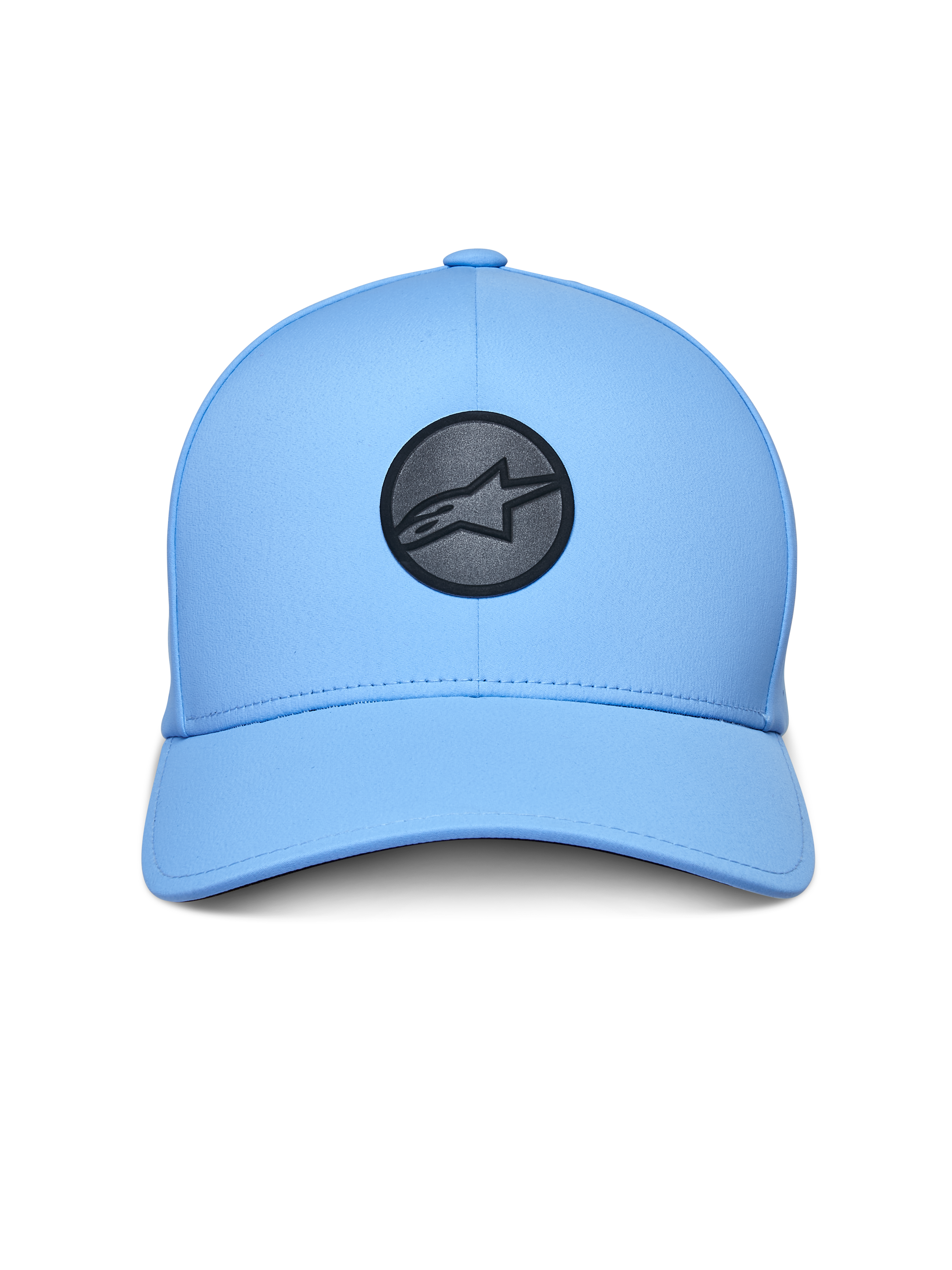 Gorra Alpinestars Apex, gorra deportiva, azul claro, con logotipo reflectante circular negro en la parte frontal, visera curva, copa estructurada y construcción técnica adherida sin costuras
