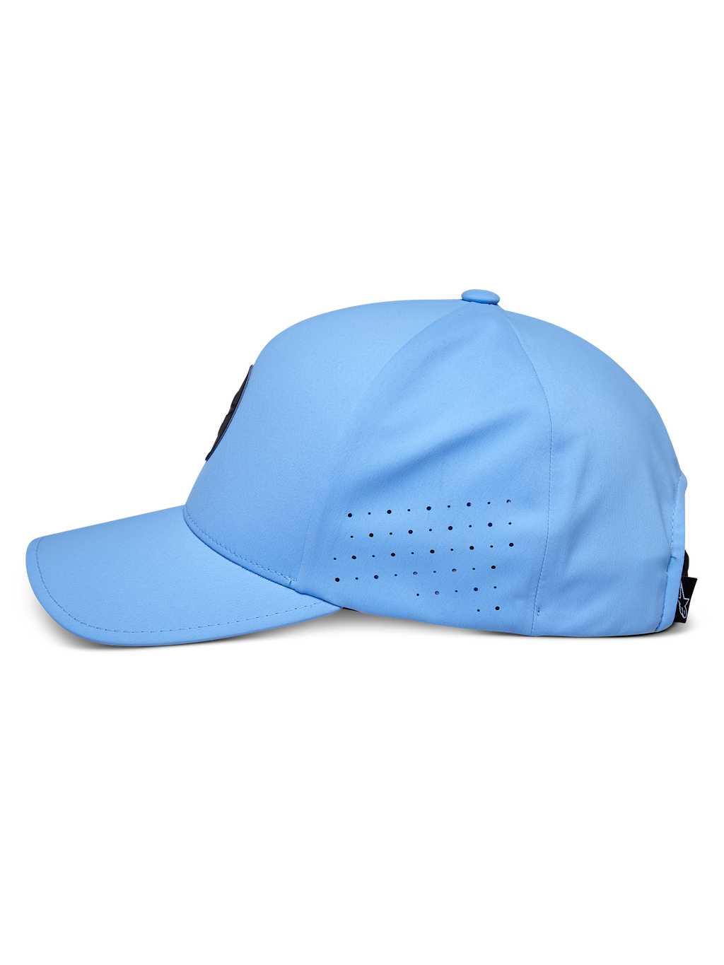Gorra Alpinestars Apex, azul, vista de perfil lateral, visera curva con paneles laterales perforados para ventilación, tejido técnico que absorbe la humedad, accesorio de alto rendimiento inspirado en el automovilismo