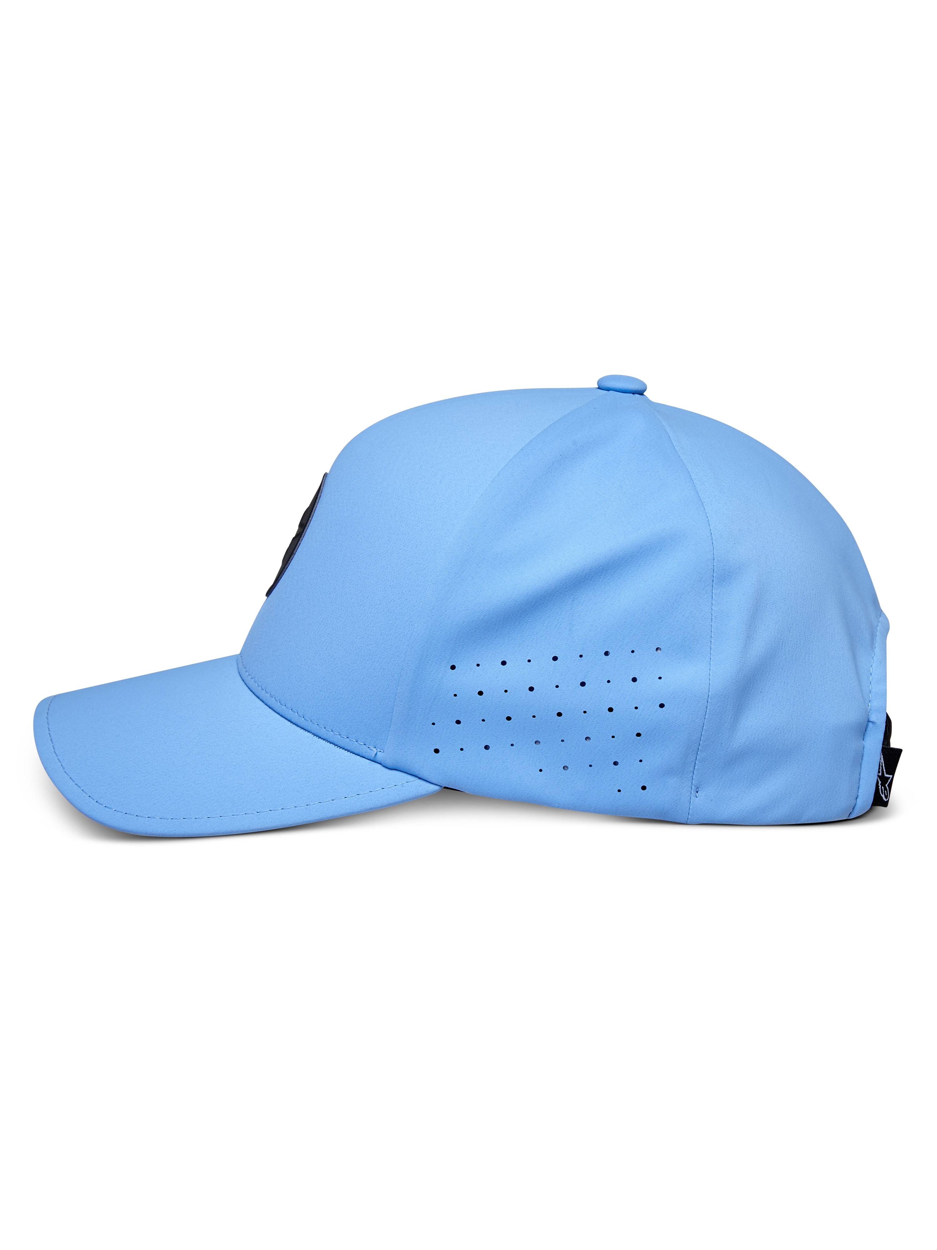 Gorra Alpinestars Apex, azul, vista de perfil lateral, visera curva con paneles laterales perforados para ventilación, tejido técnico que absorbe la humedad, accesorio de alto rendimiento inspirado en el automovilismo