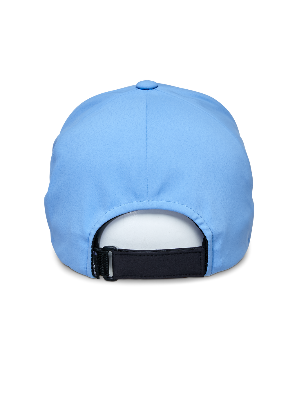 Gorra Alpinestars Apex, azul, vista trasera con correa de velcro ajustable negra, construcción de copa suave sin costuras, tejido técnico que absorbe la humedad, gorra deportiva de alto rendimiento