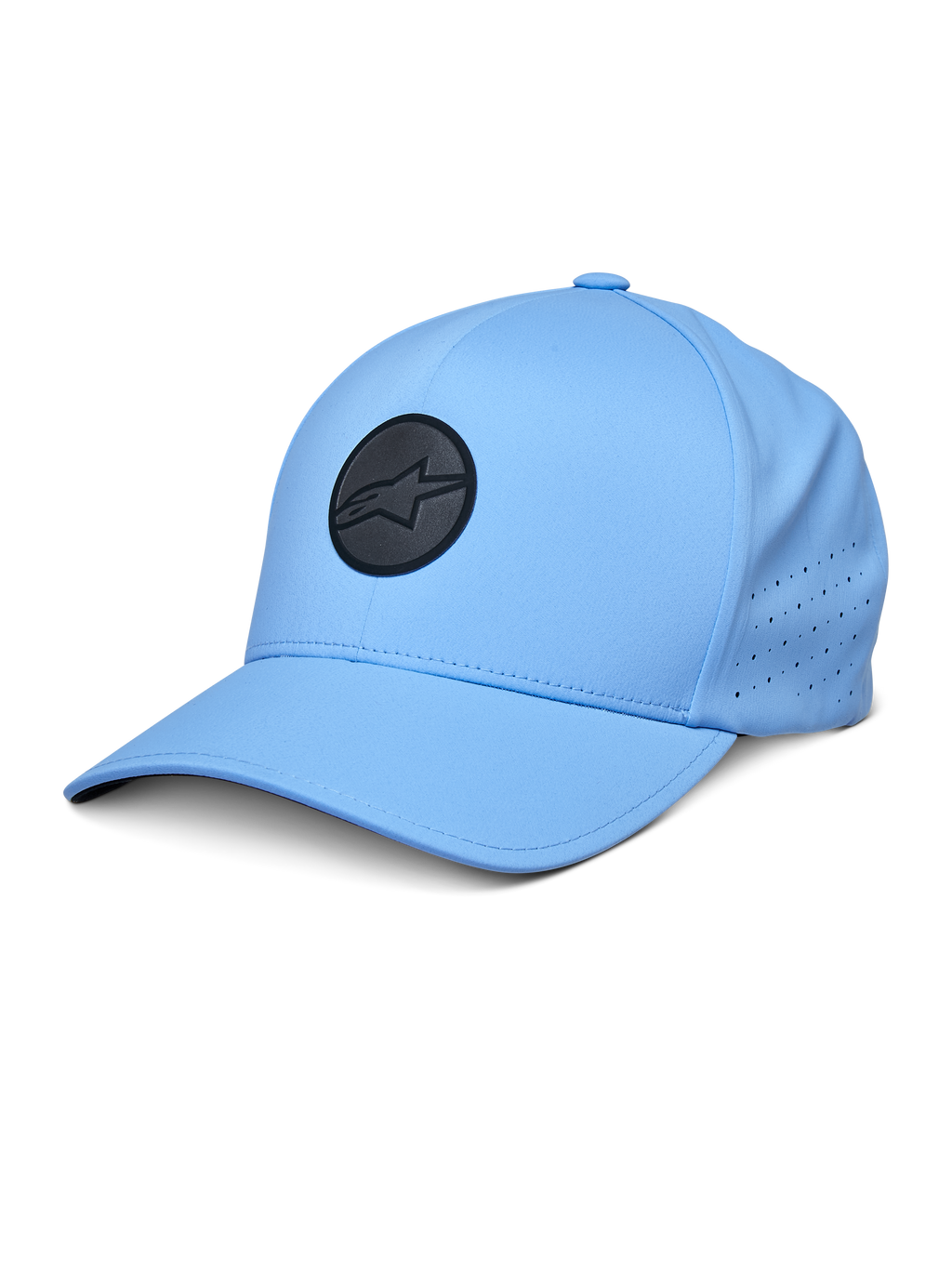Gorra Alpinestars Apex, gorra de béisbol azul con logo circular negro, paneles laterales perforados para ventilación, visera curva, ropa deportiva de alto rendimiento