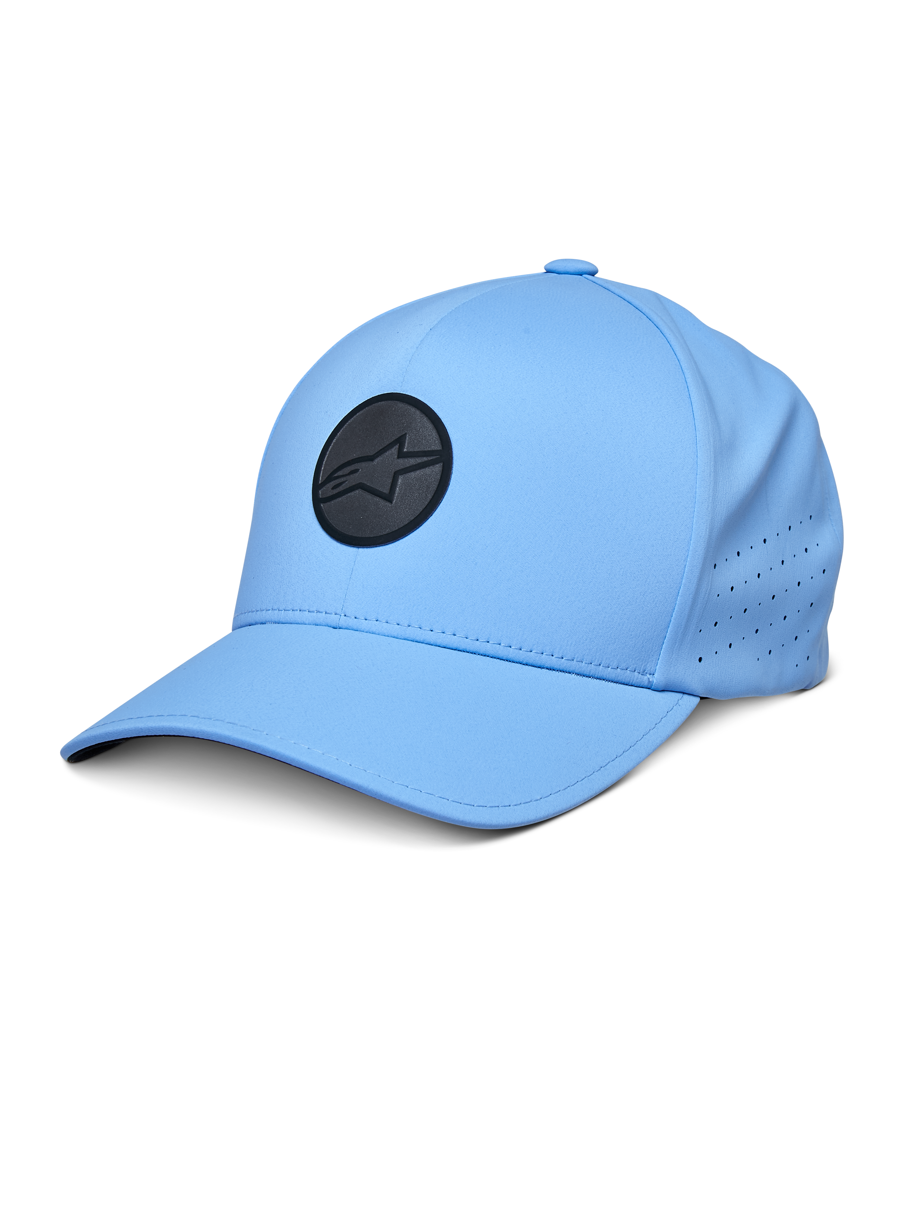 Gorra Alpinestars Apex, gorra de béisbol azul con logo circular negro, paneles laterales perforados para ventilación, visera curva, ropa deportiva de alto rendimiento