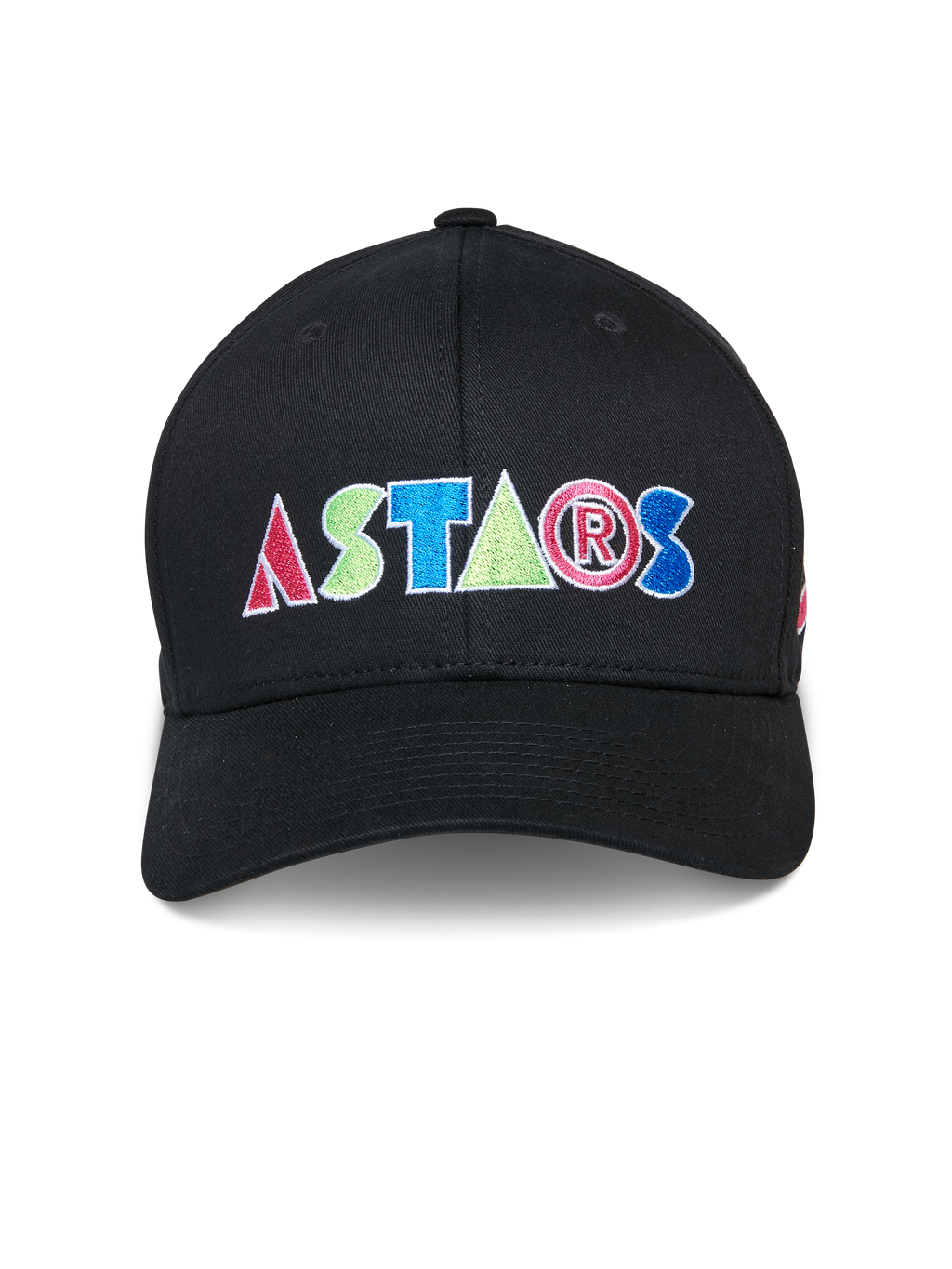 Gorra Alpinestars Cereal, gorra de béisbol negra, logotipo ASTARS bordado colorido en el frente, corona estructurada con visera curva, ropa deportiva casual de motorsport
