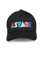 Gorra Alpinestars Cereal, gorra de béisbol negra, logotipo ASTARS bordado colorido en el frente, corona estructurada con visera curva, ropa deportiva casual de motorsport
