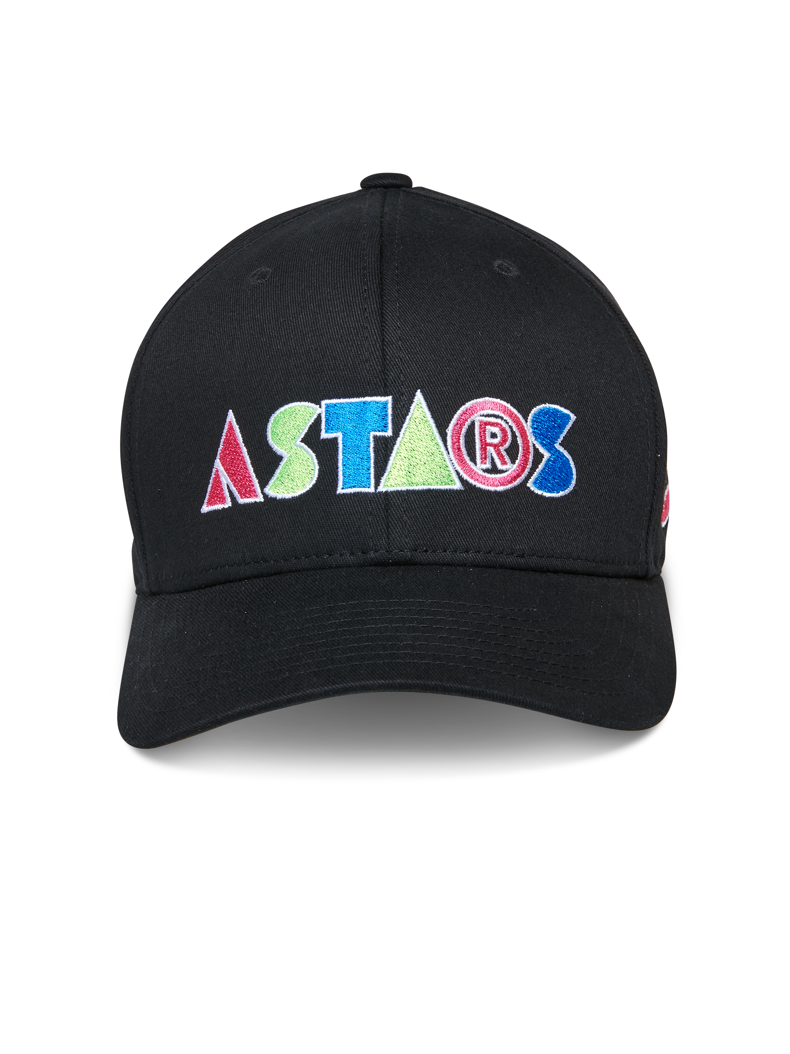 Gorra Alpinestars Cereal, gorra de béisbol negra, logotipo ASTARS bordado colorido en el frente, corona estructurada con visera curva, ropa deportiva casual de motorsport