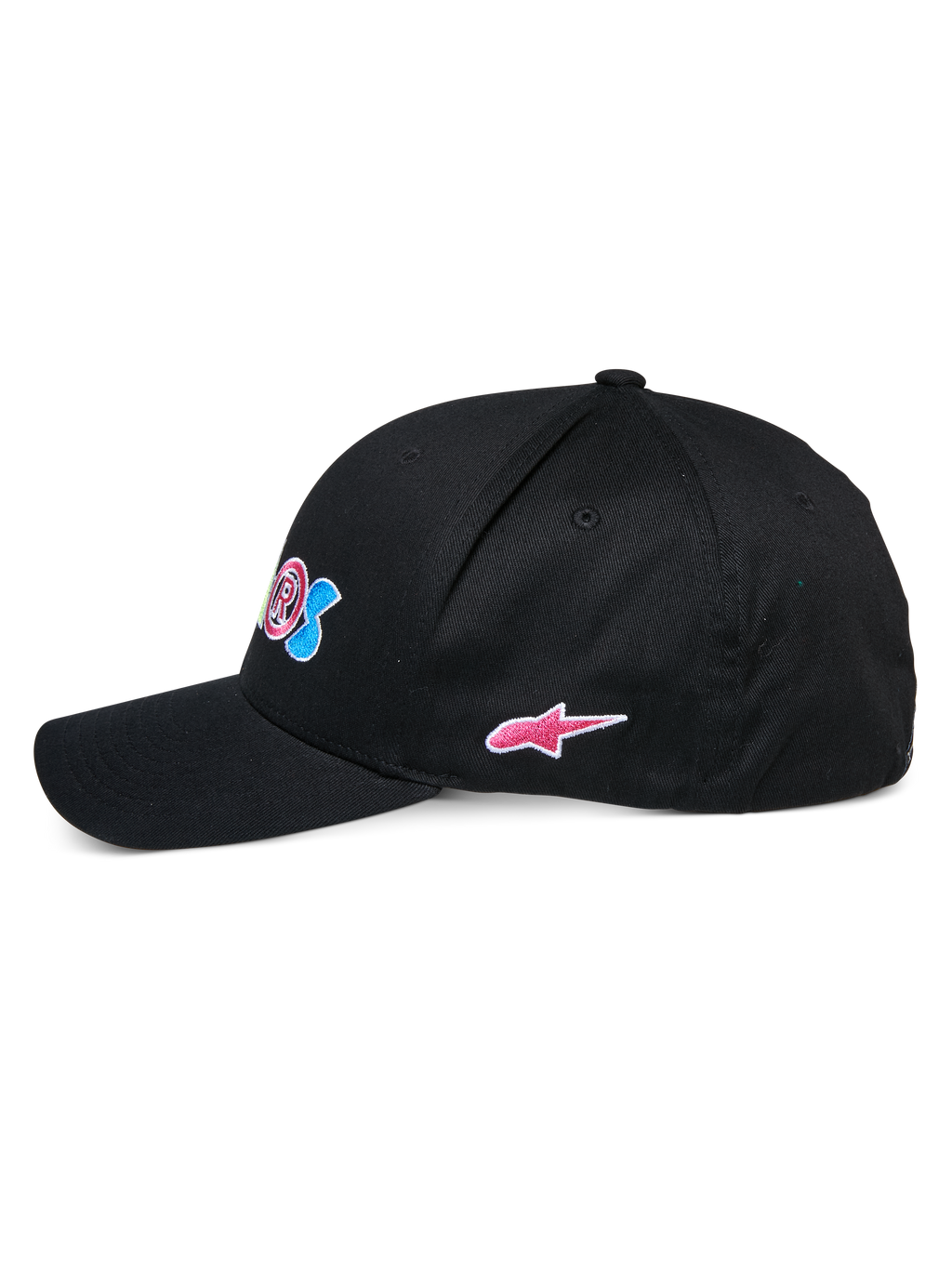 Gorra Alpinestars Cereal, gorra de béisbol negra, vista de perfil lateral, visera curva con corona estructurada, con bordado frontal colorido y logo de estrella Alpinestars rosa en el lateral, accesorio deportivo casual