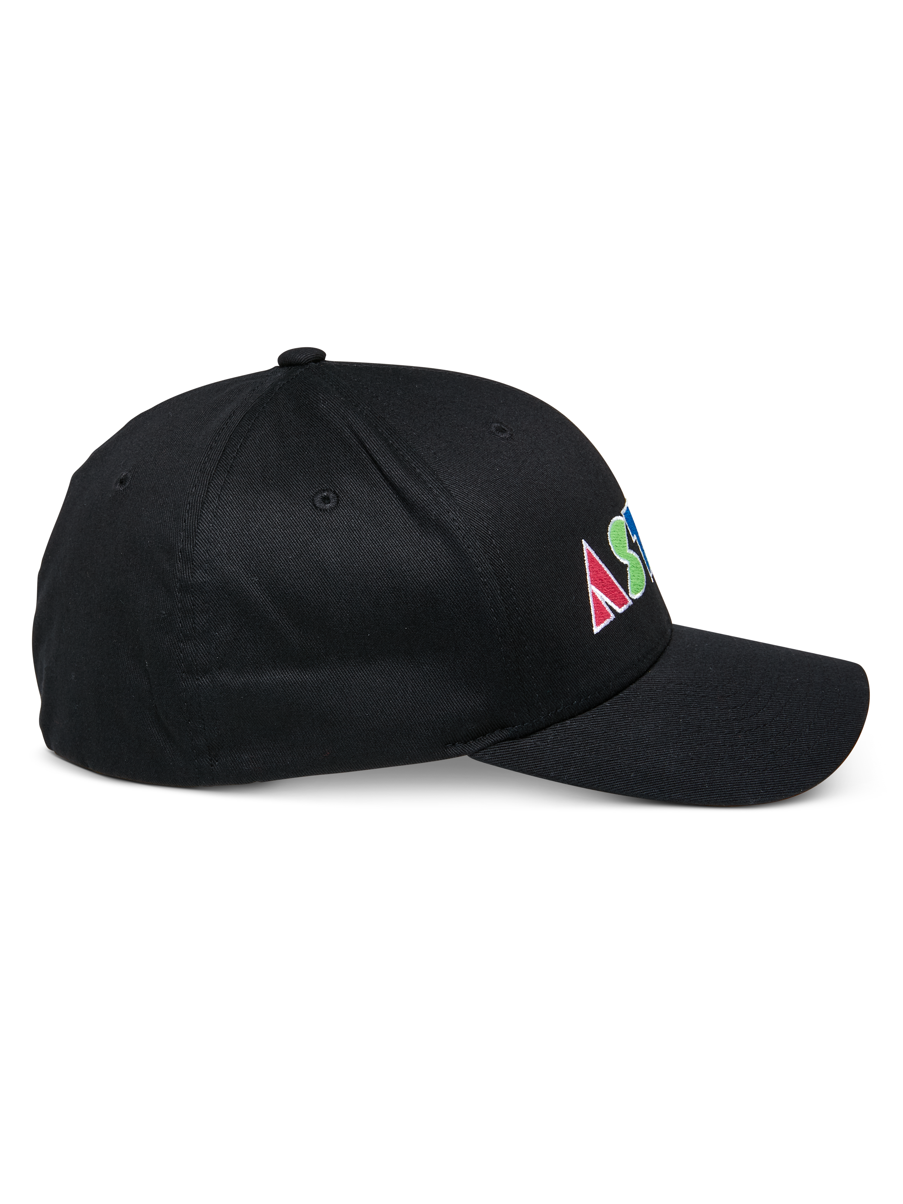 Gorra Cereal de Alpinestars, gorra de béisbol negra estructurada, vista de perfil lateral, logotipo bordado plano multicolor con letras geométricas en el lateral, visera curva, diseño de ropa deportiva casual