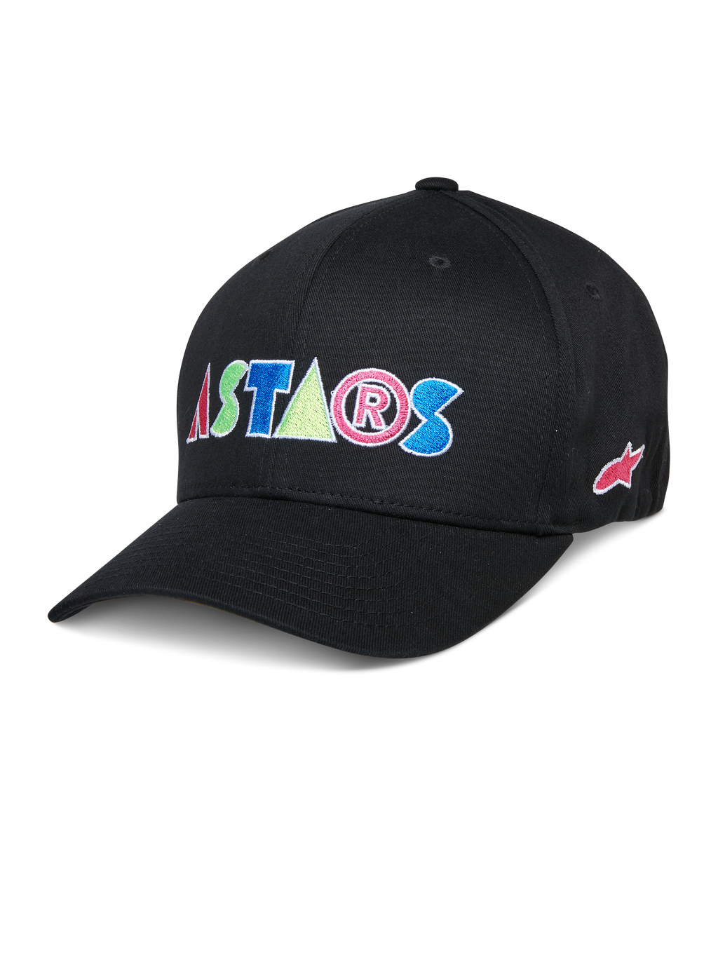 Gorra Alpinestars Cereal, gorra de béisbol negra con letras bordadas 'ASTARS' en rojo, azul, rosa y verde, visera curva, accesorio casual de estilo de vida