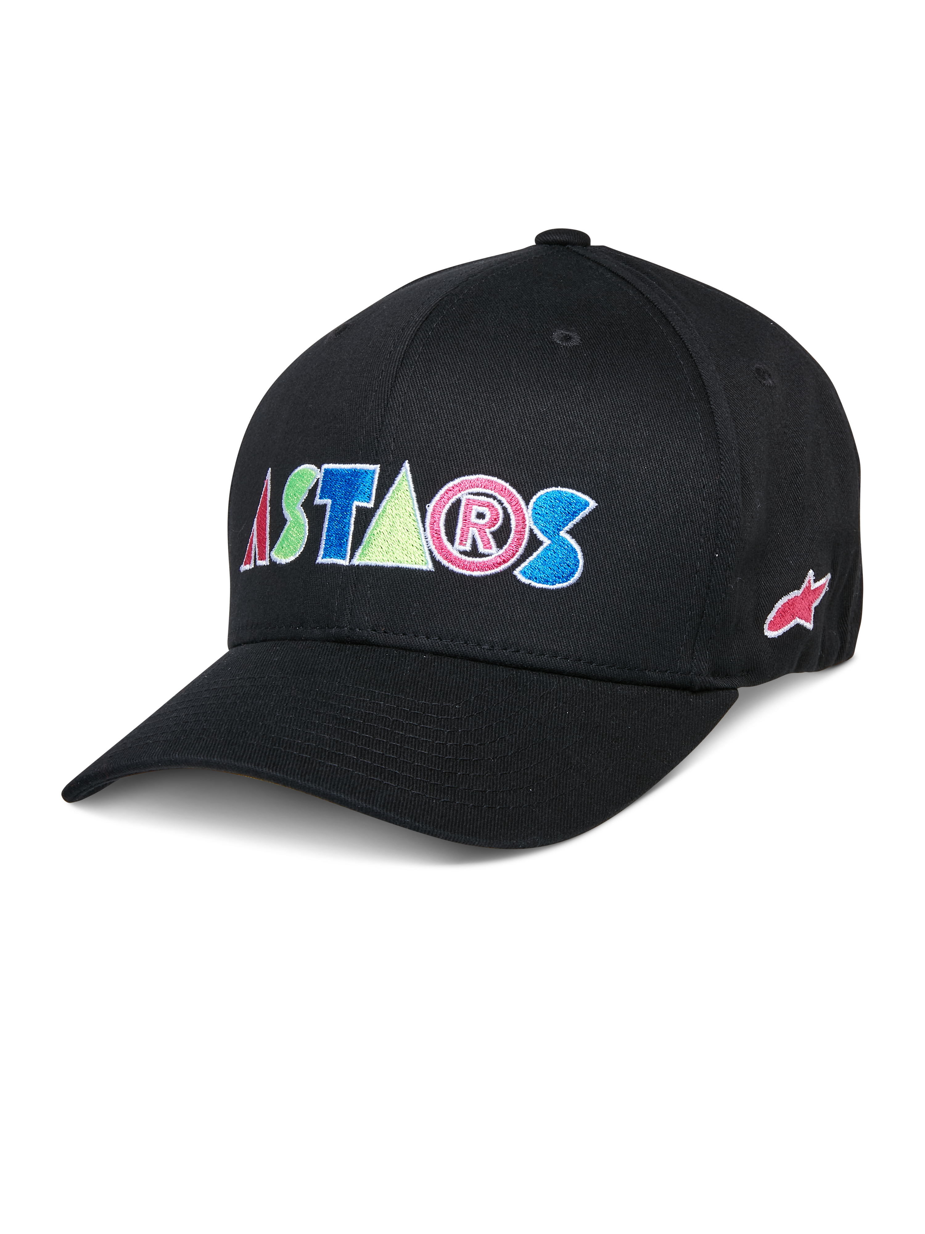 Gorra Alpinestars Cereal, gorra de béisbol negra con letras bordadas 'ASTARS' en rojo, azul, rosa y verde, visera curva, accesorio casual de estilo de vida