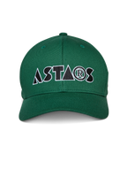 Alpinestars Cereal Hat, gorra verde de béisbol con visera curva, bordado estilizado del logotipo "ASTARS" en blanco y negro en la parte frontal, ropa deportiva casual