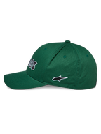 Gorra Cereal de Alpinestars, verde, vista de perfil lateral, con visera curva y logotipo de estrella bordado en blanco y negro, prenda deportiva casual