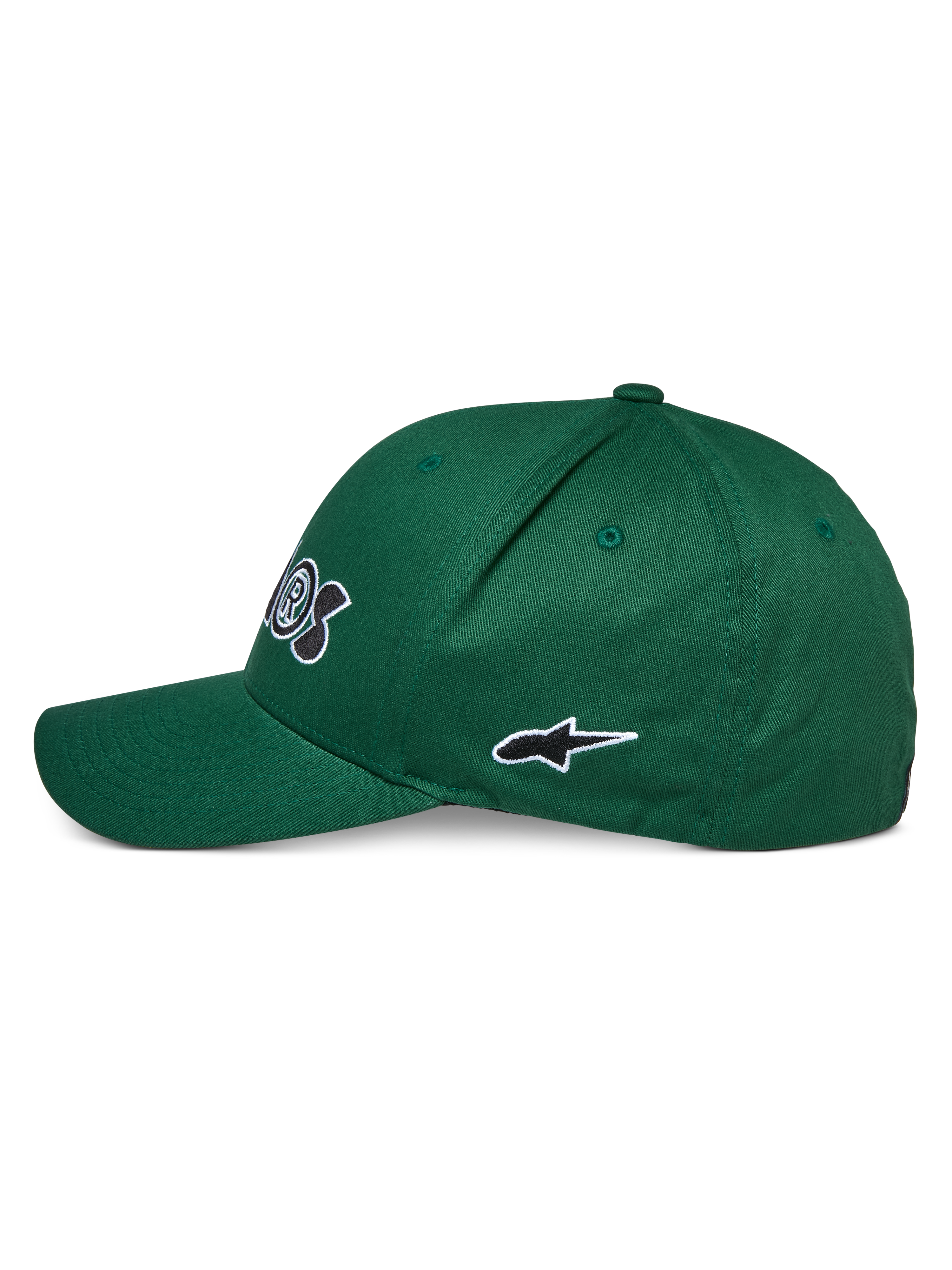 Gorra Cereal de Alpinestars, verde, vista de perfil lateral, con visera curva y logotipo de estrella bordado en blanco y negro, prenda deportiva casual