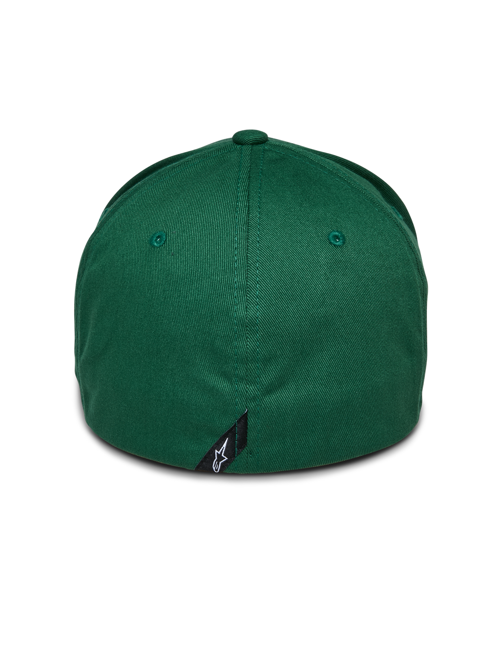 Gorra Alpinestars Cereal, verde, vista posterior de gorra de béisbol con ajuste flexible, con una pequeña etiqueta negra con el logo de Alpinestars en la costura trasera, corona estructurada en tejido de sarga elástica