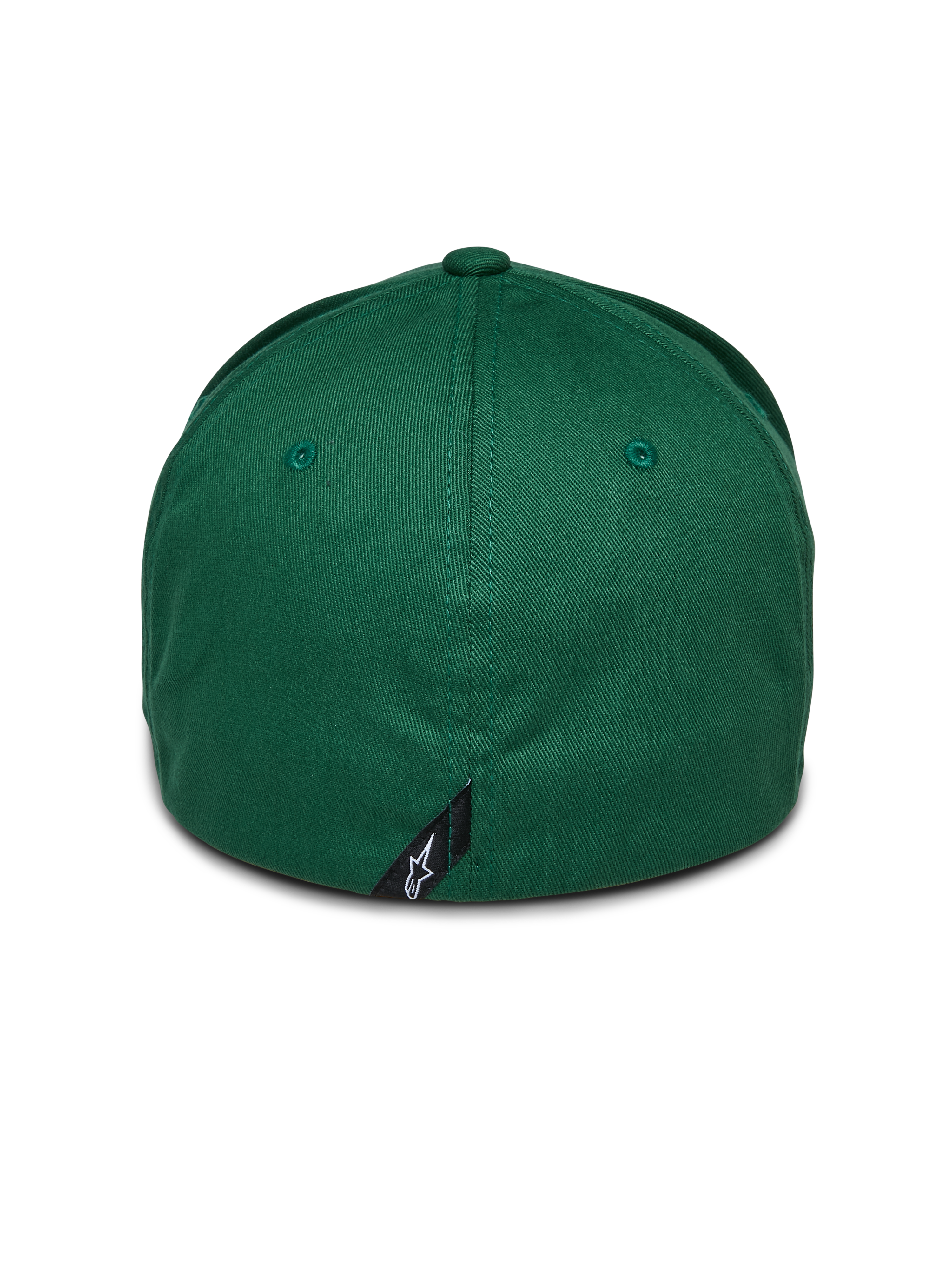 Gorra Alpinestars Cereal, verde, vista posterior de gorra de béisbol con ajuste flexible, con una pequeña etiqueta negra con el logo de Alpinestars en la costura trasera, corona estructurada en tejido de sarga elástica