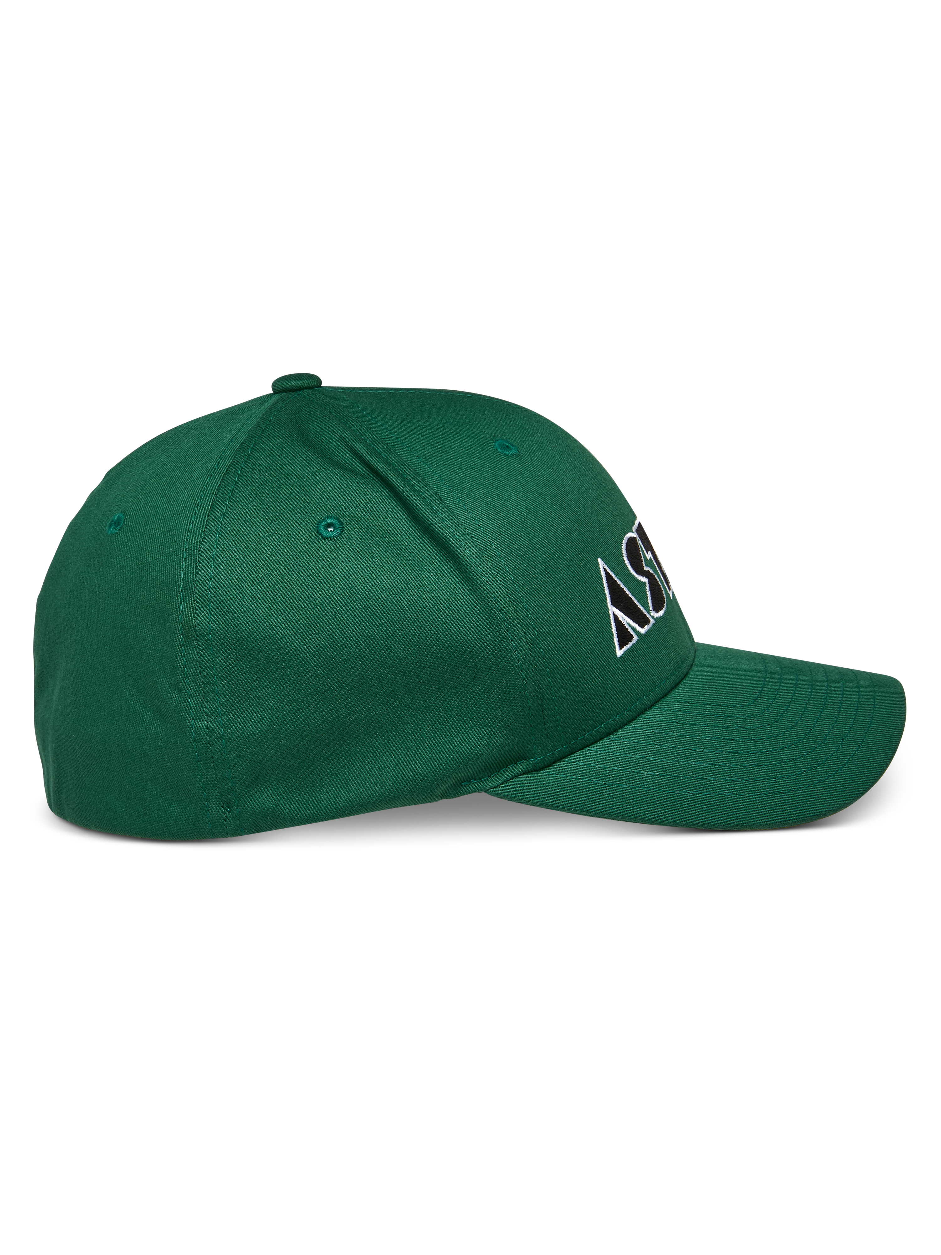 Gorra Cereal de Alpinestars, verde, gorra de visera curva con corona estructurada, logotipo bordado en blanco y negro, vista de perfil lateral, ropa deportiva casual