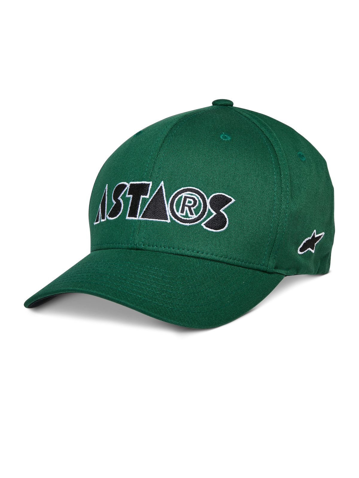 Alpinestars Cereal Hat, gorra de béisbol verde, logotipo ASTARS bordado en blanco y negro, visera curva, corona estructurada, ropa deportiva casual