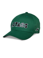 Alpinestars Cereal Hat, gorra de béisbol verde, logotipo ASTARS bordado en blanco y negro, visera curva, corona estructurada, ropa deportiva casual