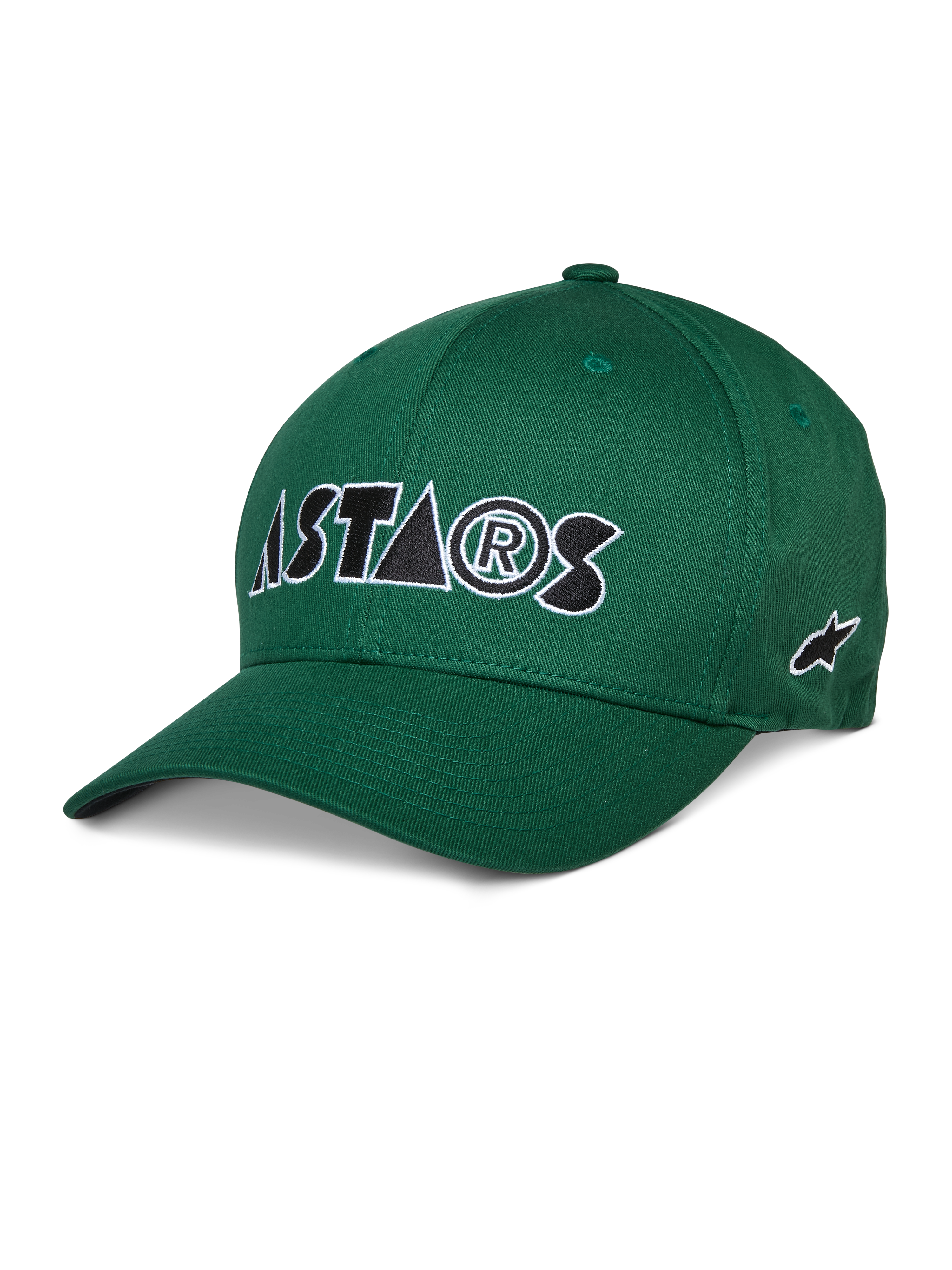 Alpinestars Cereal Hat, gorra de béisbol verde, logotipo ASTARS bordado en blanco y negro, visera curva, corona estructurada, ropa deportiva casual