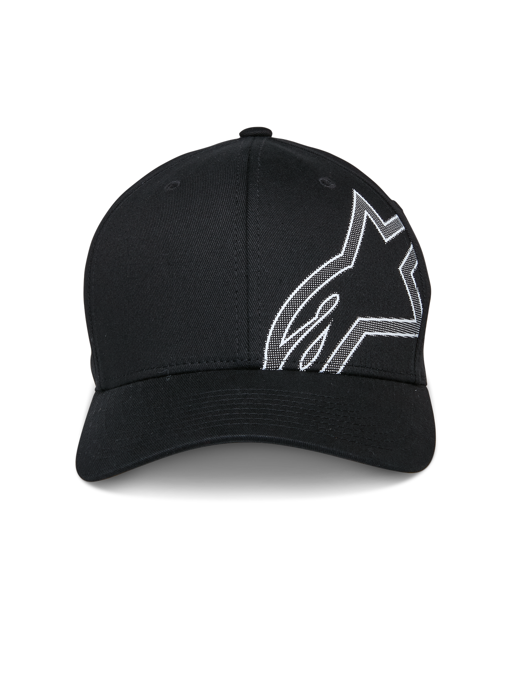 Gorra Alpinestars Share, gorra de béisbol, negra, con un gran contorno del logotipo Astars en relieve HD blanco en el lateral, visera curva y corona estructurada, ropa deportiva casual inspirada en el automovilismo
