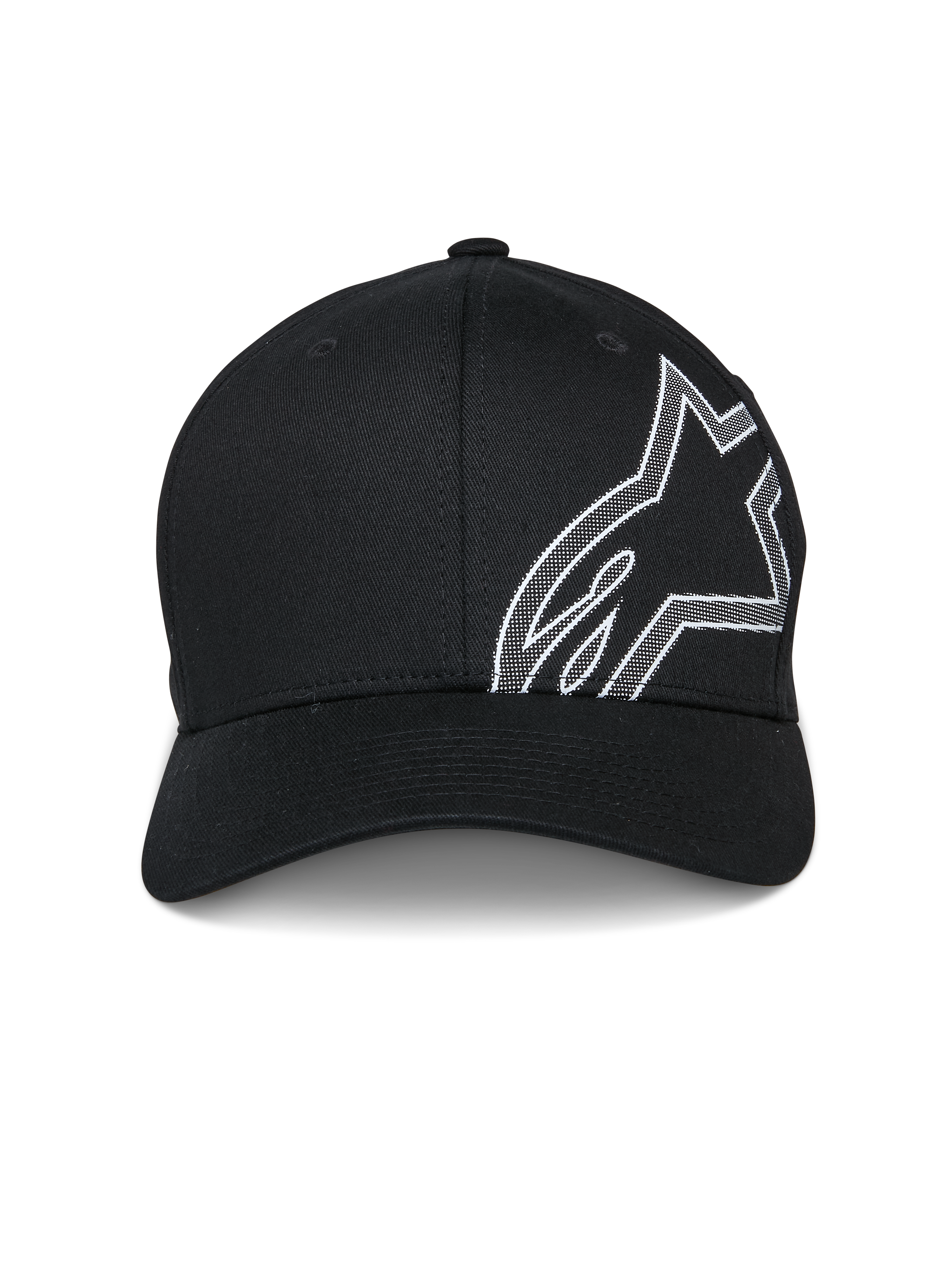 Gorra Alpinestars Share, gorra de béisbol, negra, con un gran contorno del logotipo Astars en relieve HD blanco en el lateral, visera curva y corona estructurada, ropa deportiva casual inspirada en el automovilismo
