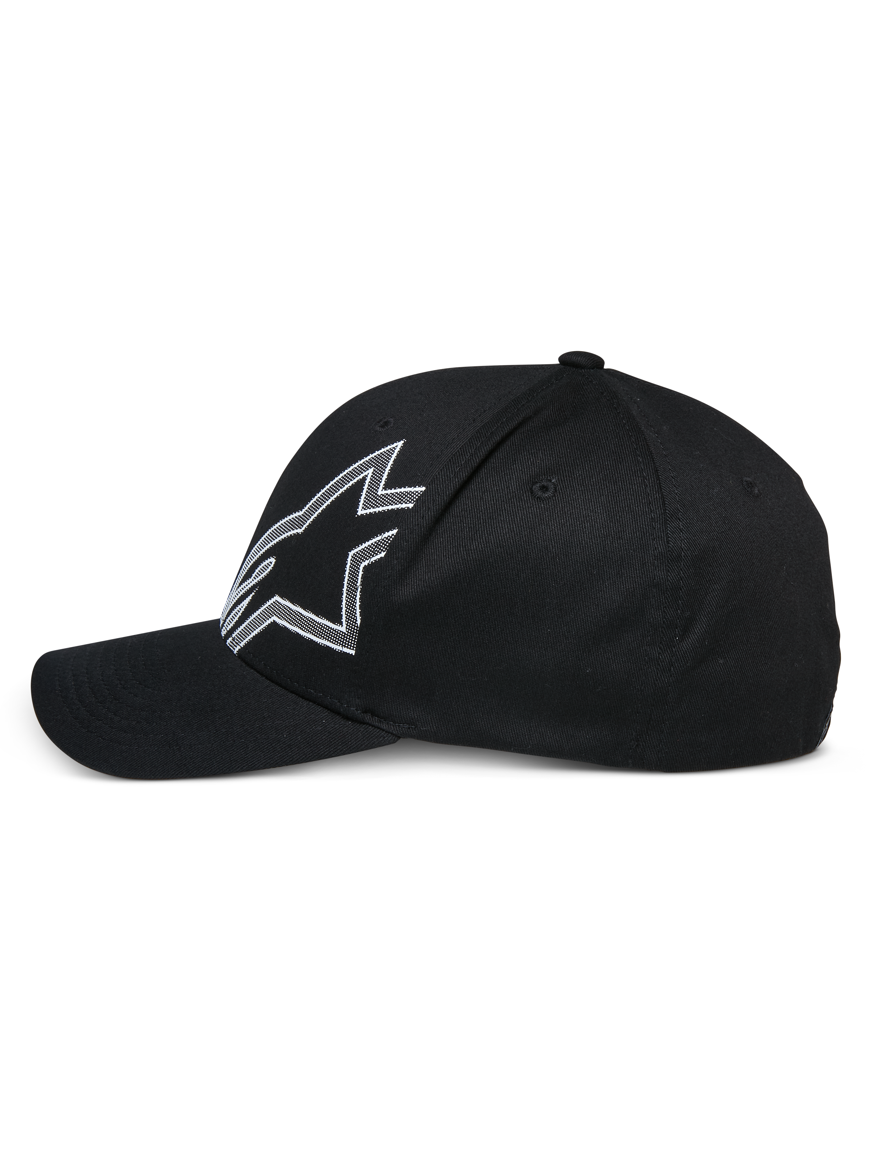 Alpinestars Gorra Share, gorra de béisbol negra, vista de perfil lateral, con un gran logotipo de Astars perfilado en blanco, visera curva, corona estructurada, accesorio casual inspirado en el automovilismo