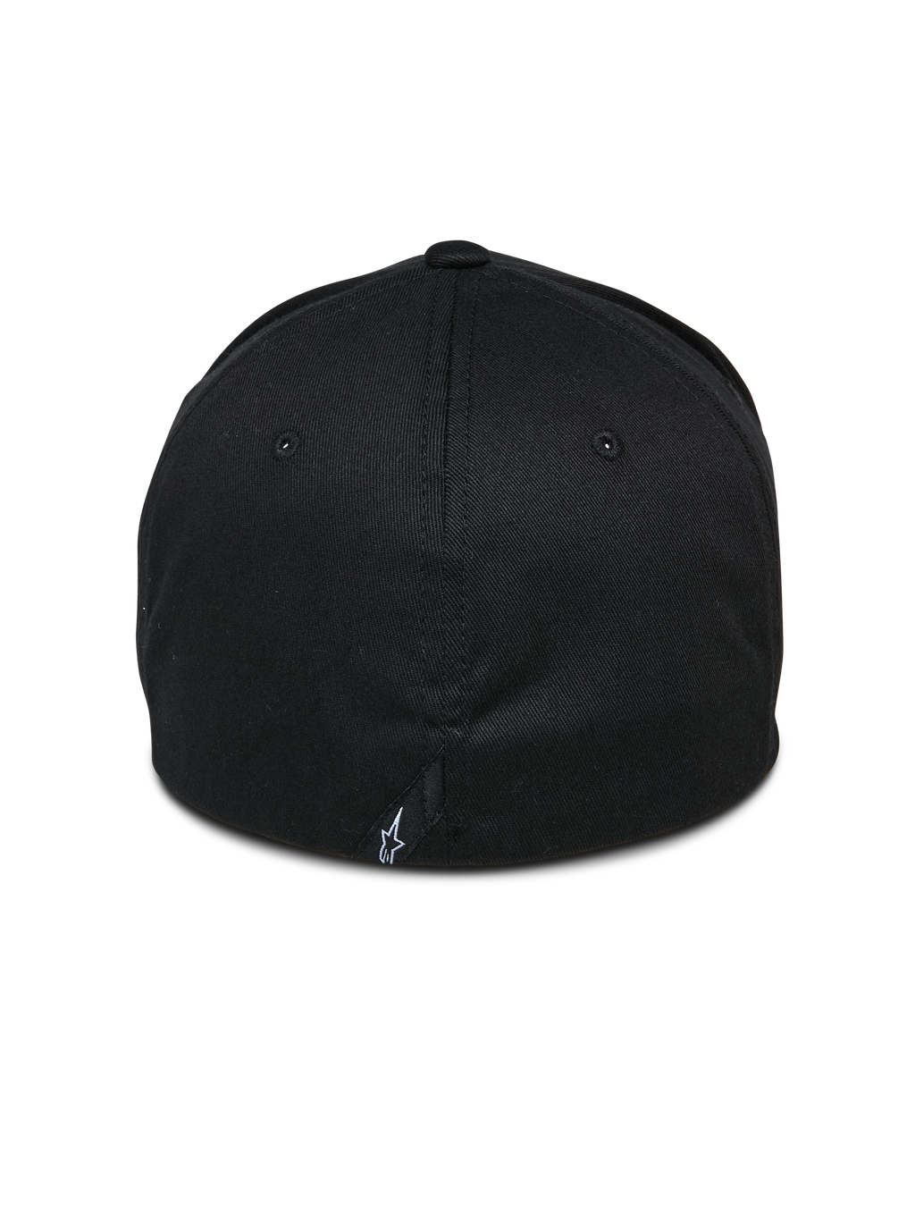 Alpinestars Gorra Share, negro, vista posterior que muestra la construcción flex-back cerrada, pequeño logotipo Astars blanco en la costura trasera, ropa urbana casual inspirada en el automovilismo
