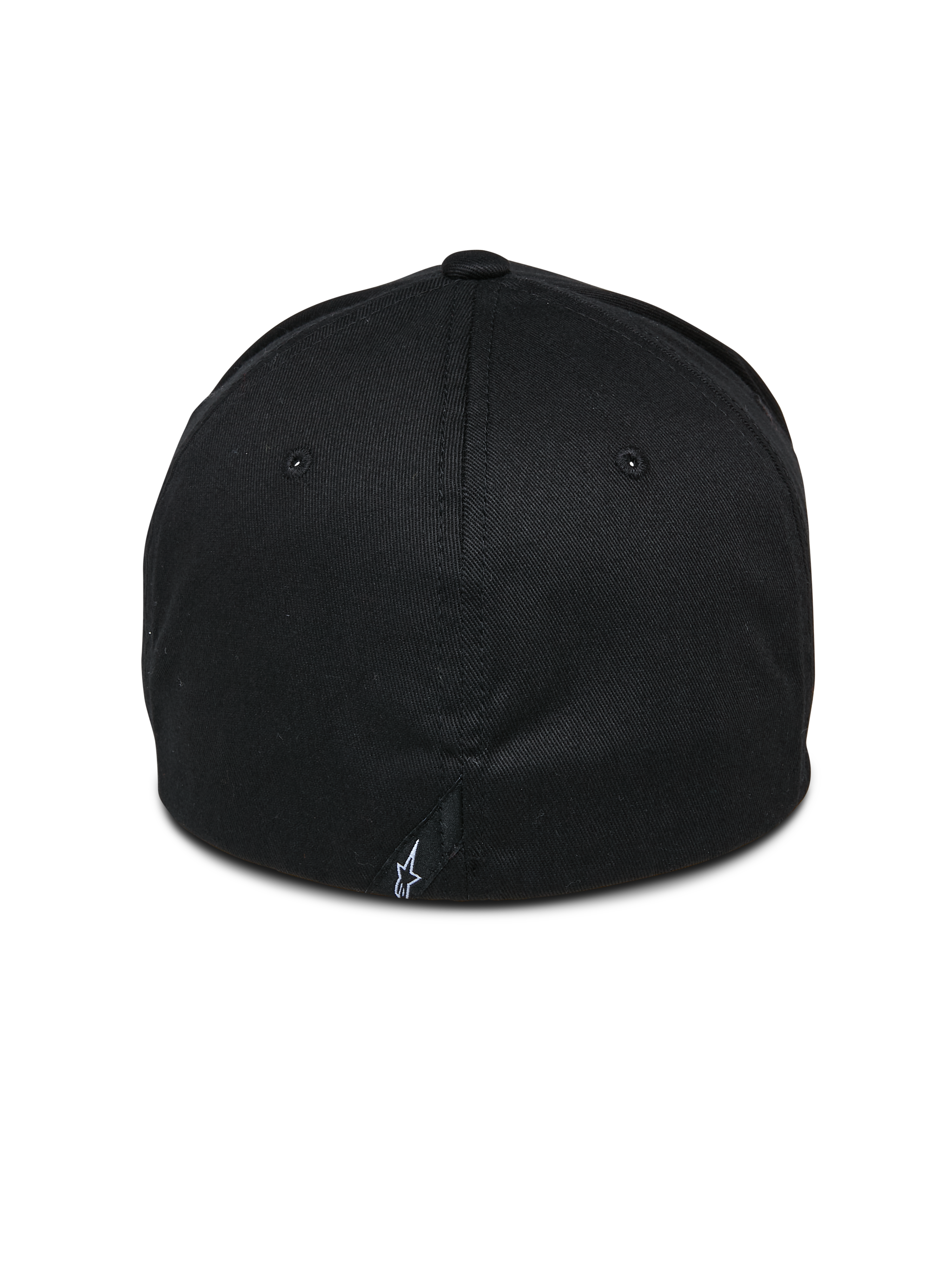 Alpinestars Gorra Share, negro, vista posterior que muestra la construcción flex-back cerrada, pequeño logotipo Astars blanco en la costura trasera, ropa urbana casual inspirada en el automovilismo